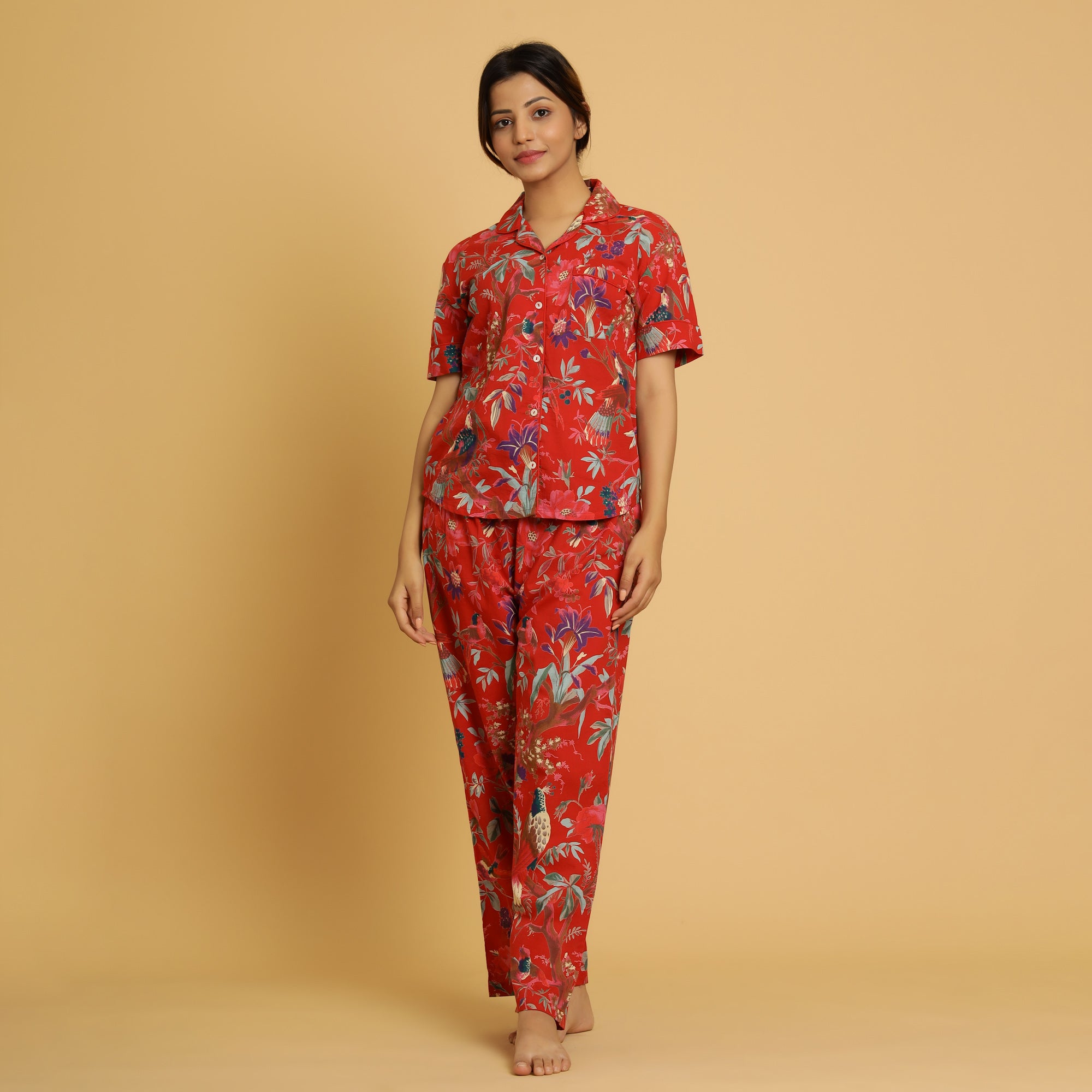 Red Cotton Printed Night Suit Set with Pajama