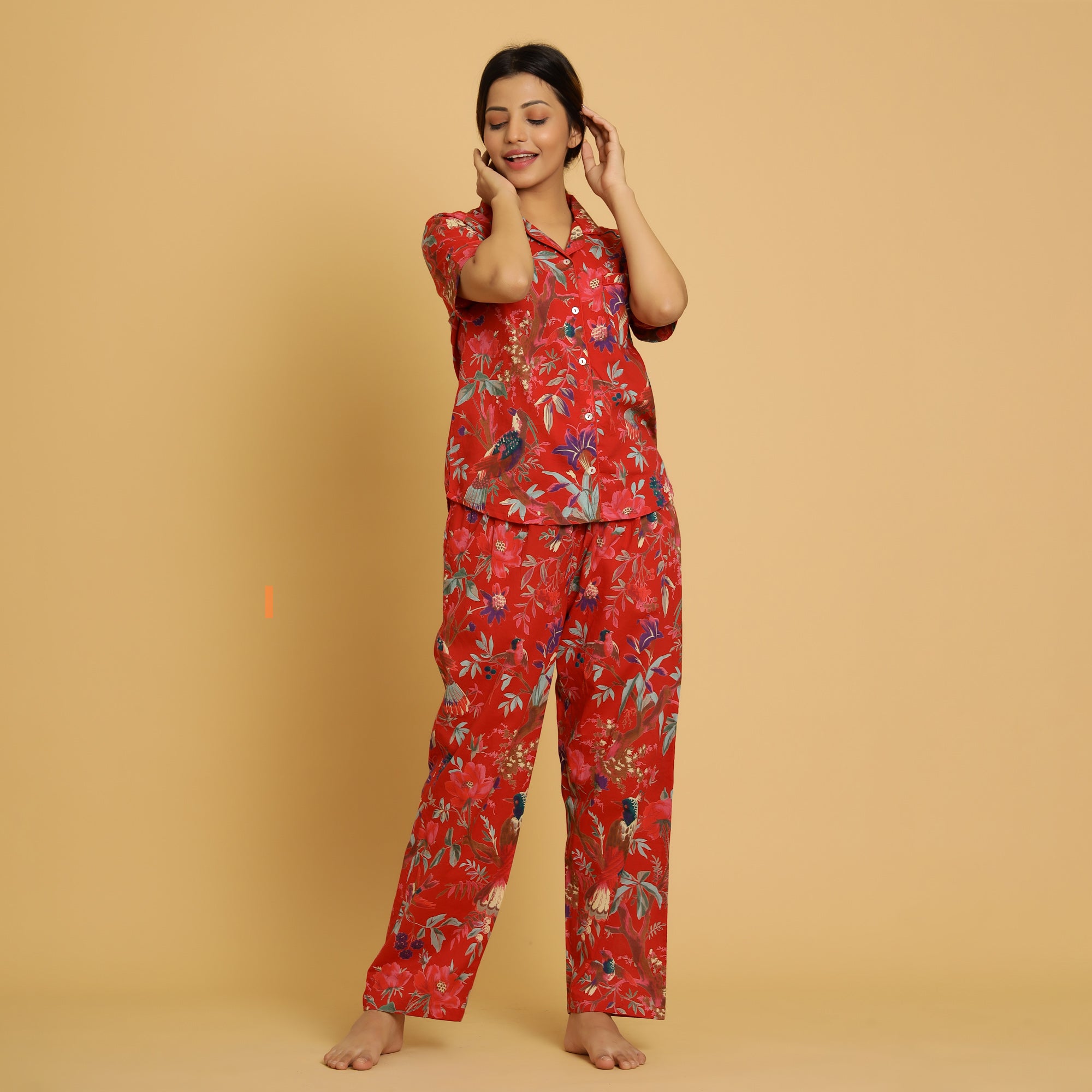 Red Cotton Printed Night Suit Set with Pajama