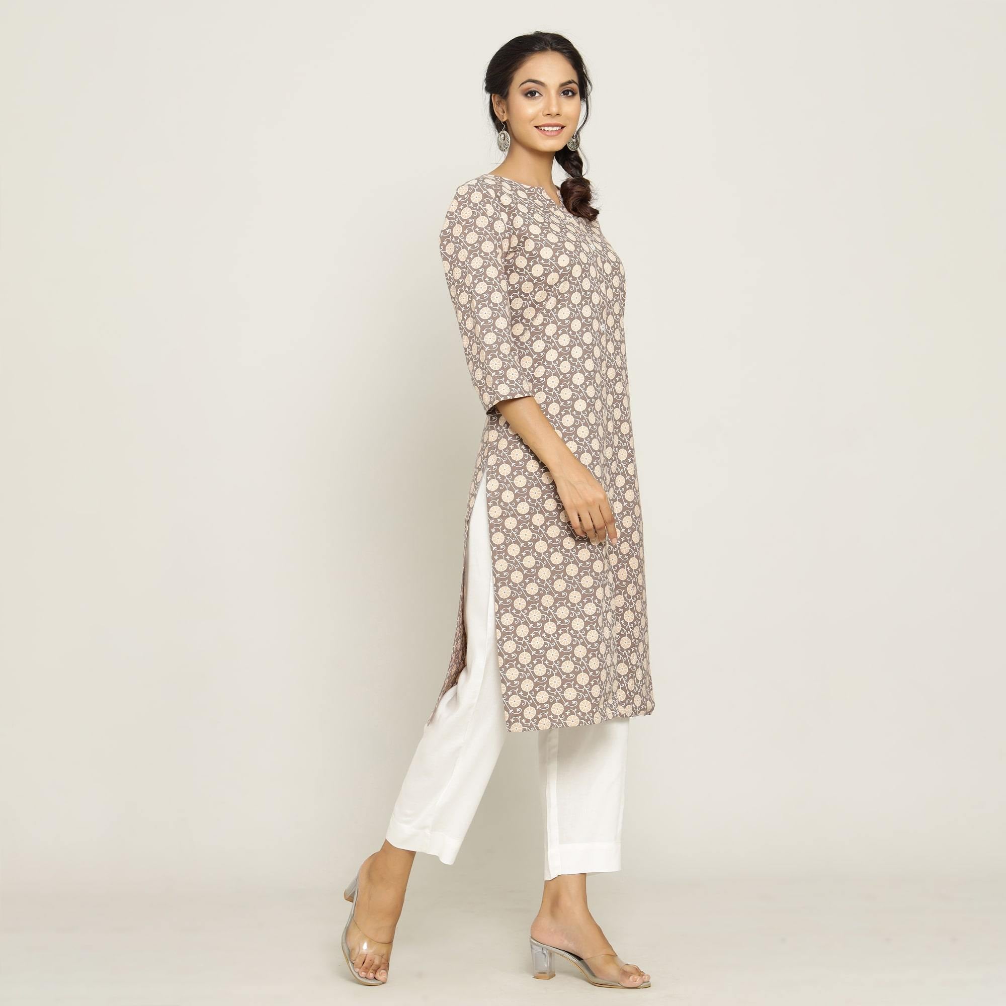 Rangdeep Beige printed Calf length Cotton Kurti