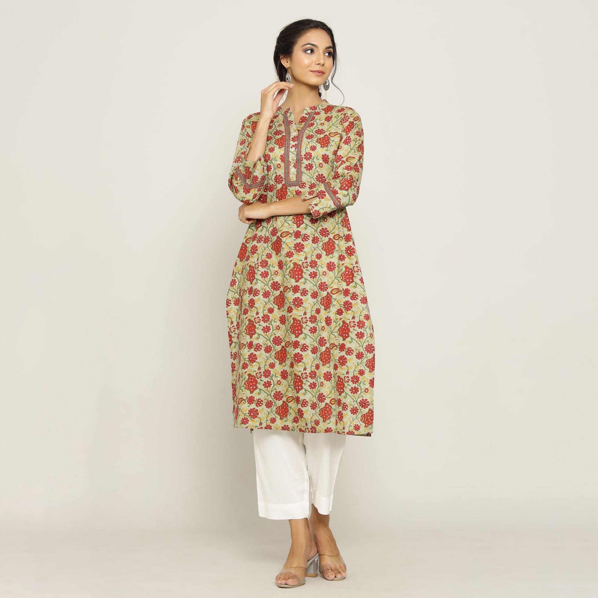 Rangdeep Beige printed Calf length Cotton Kurti