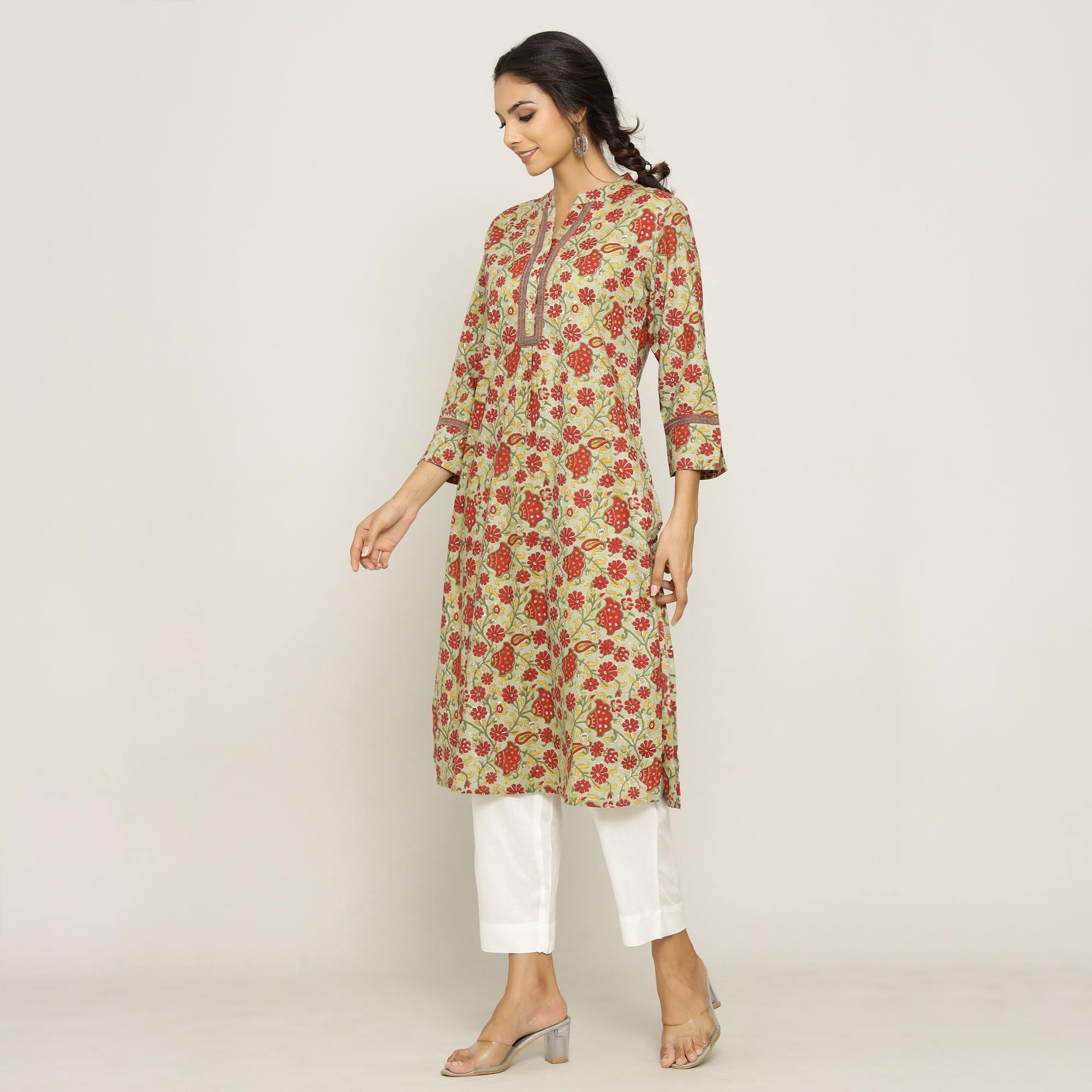 Rangdeep Beige printed Calf length Cotton Kurti