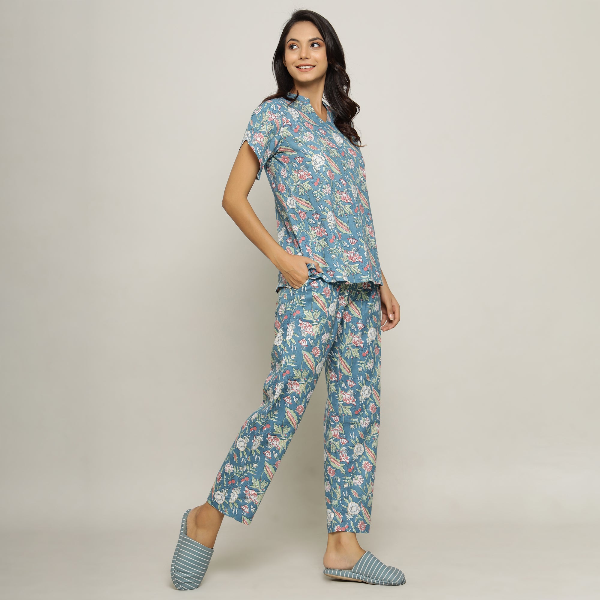 Turquoise Cotton Printed Night Suit Set with Pajama