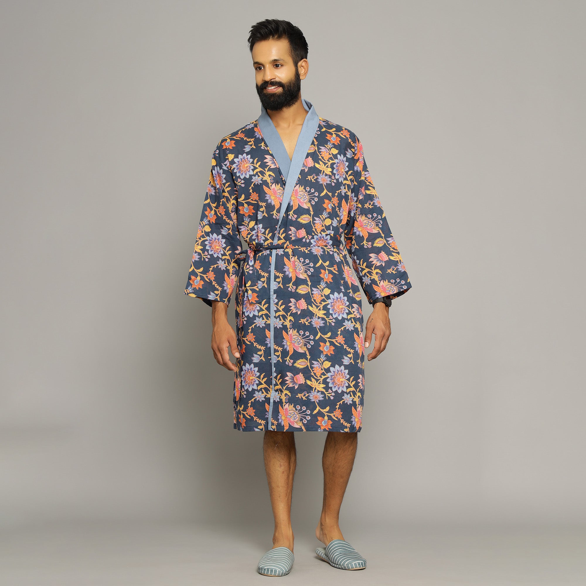 Men's Blue Cotton Hand printed kimono robe