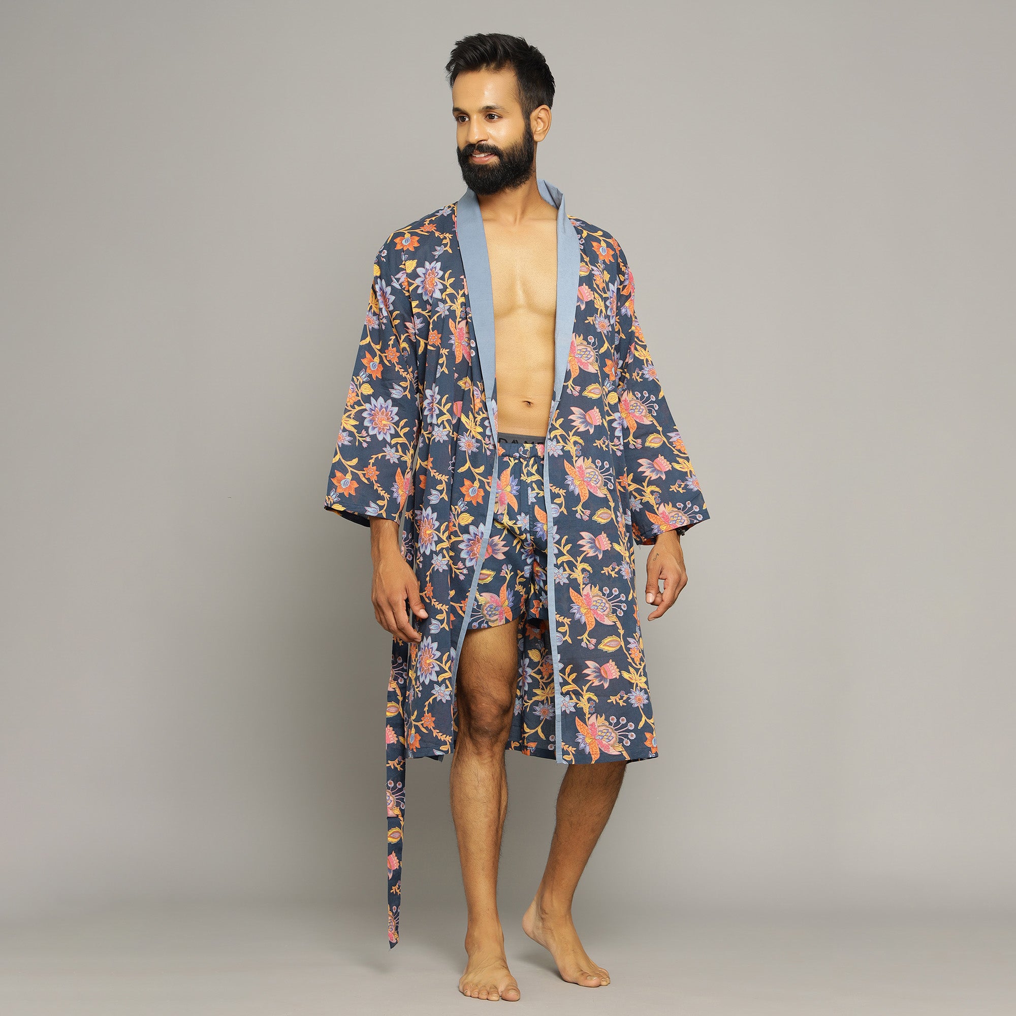 Men's Blue Cotton Hand printed kimono robe