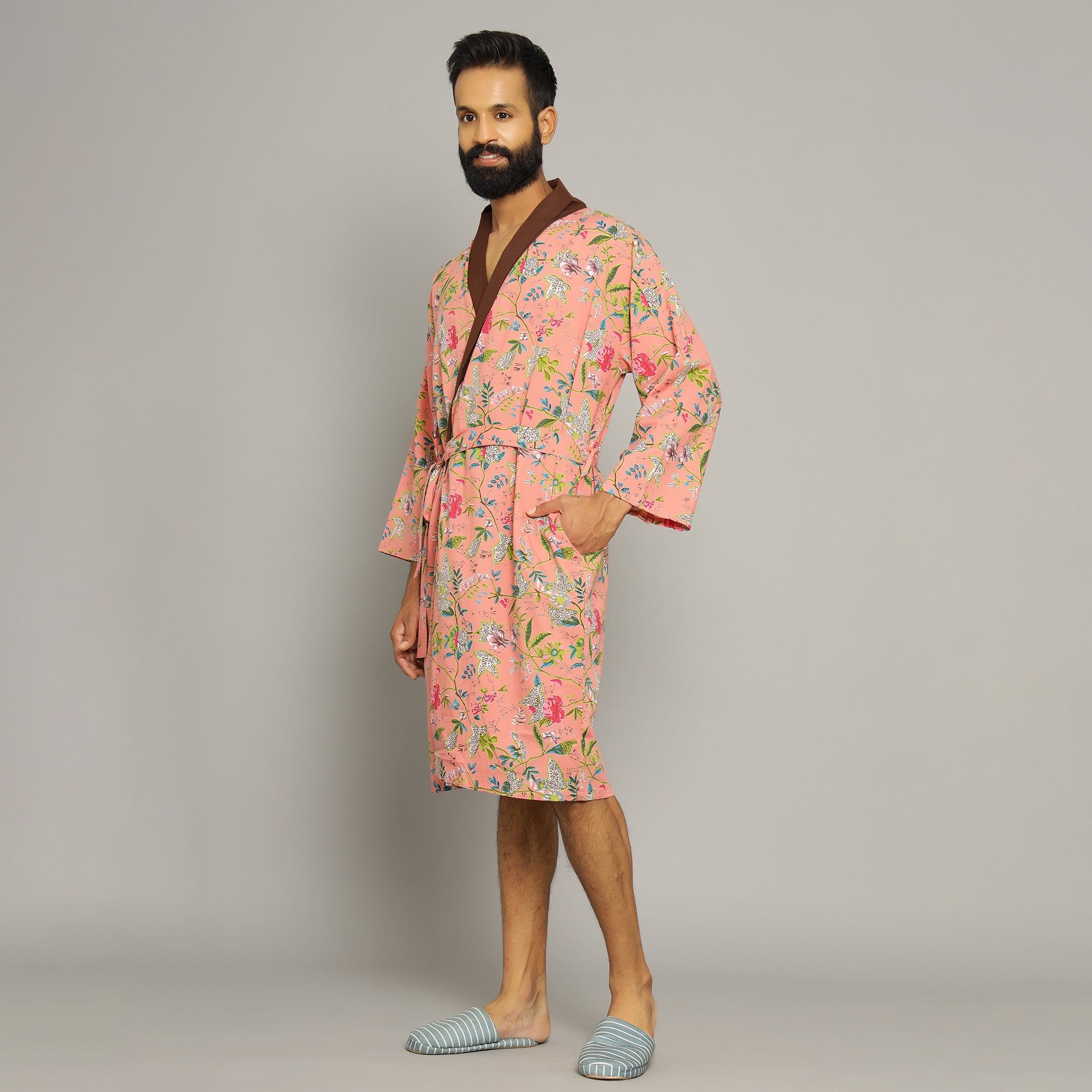 Men's Peach Cotton Hand printed kimono robe