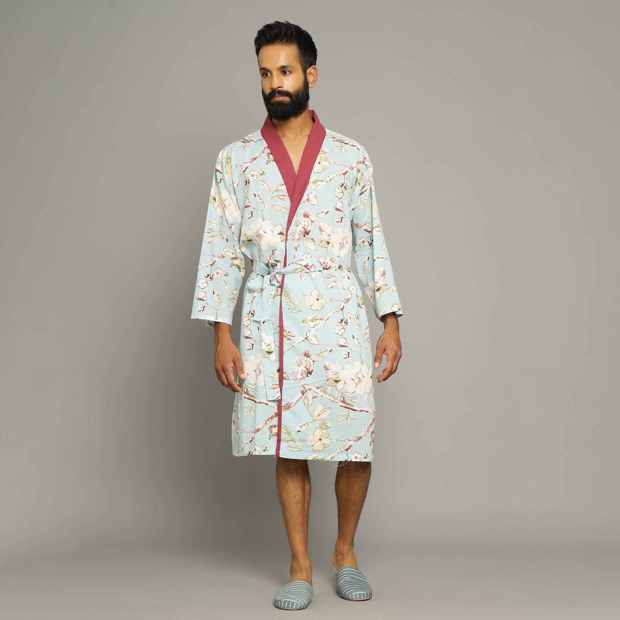 Men's Sky Blue Cotton Hand printed kimono robe