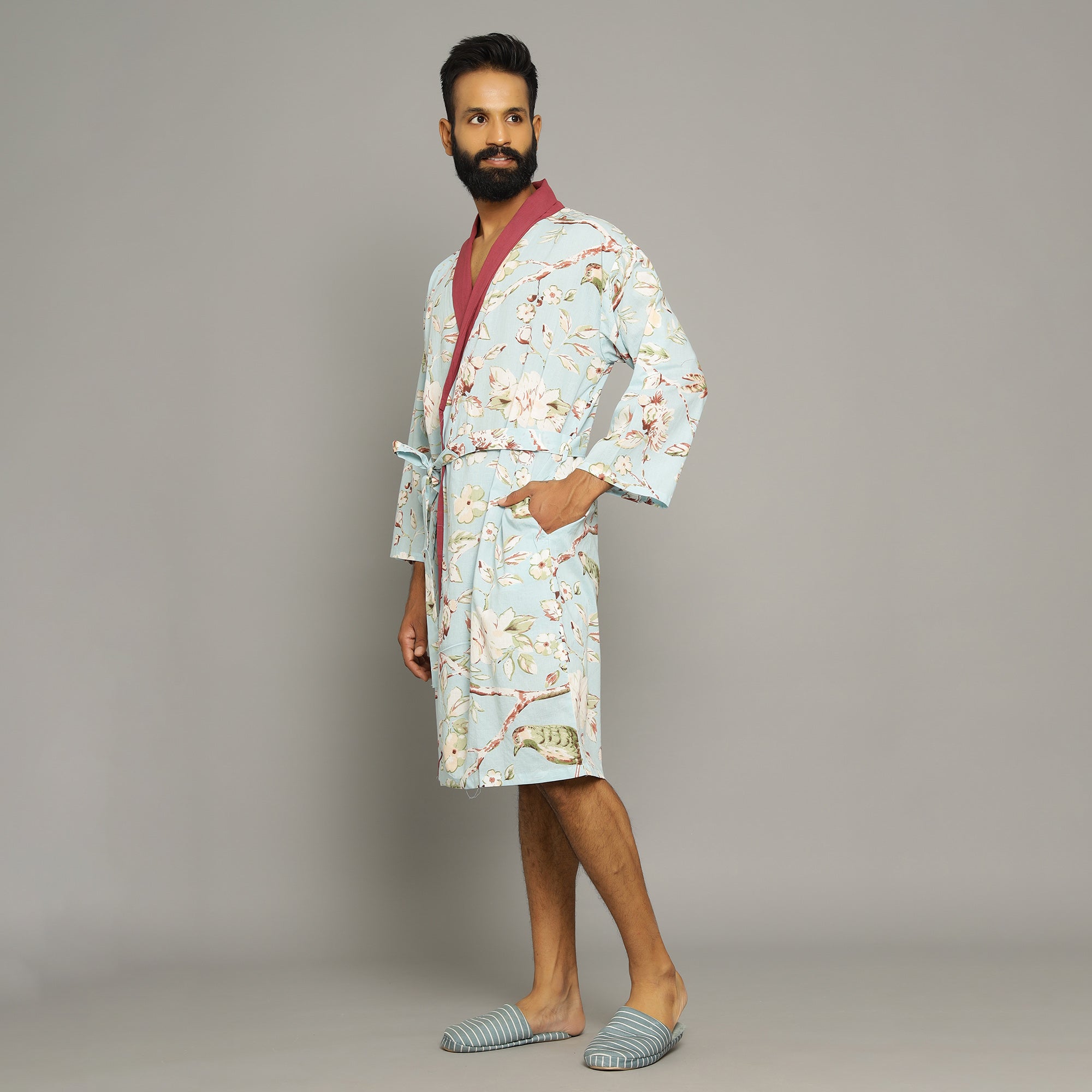 Sky blue Cotton Hand printed Couple kimono robe