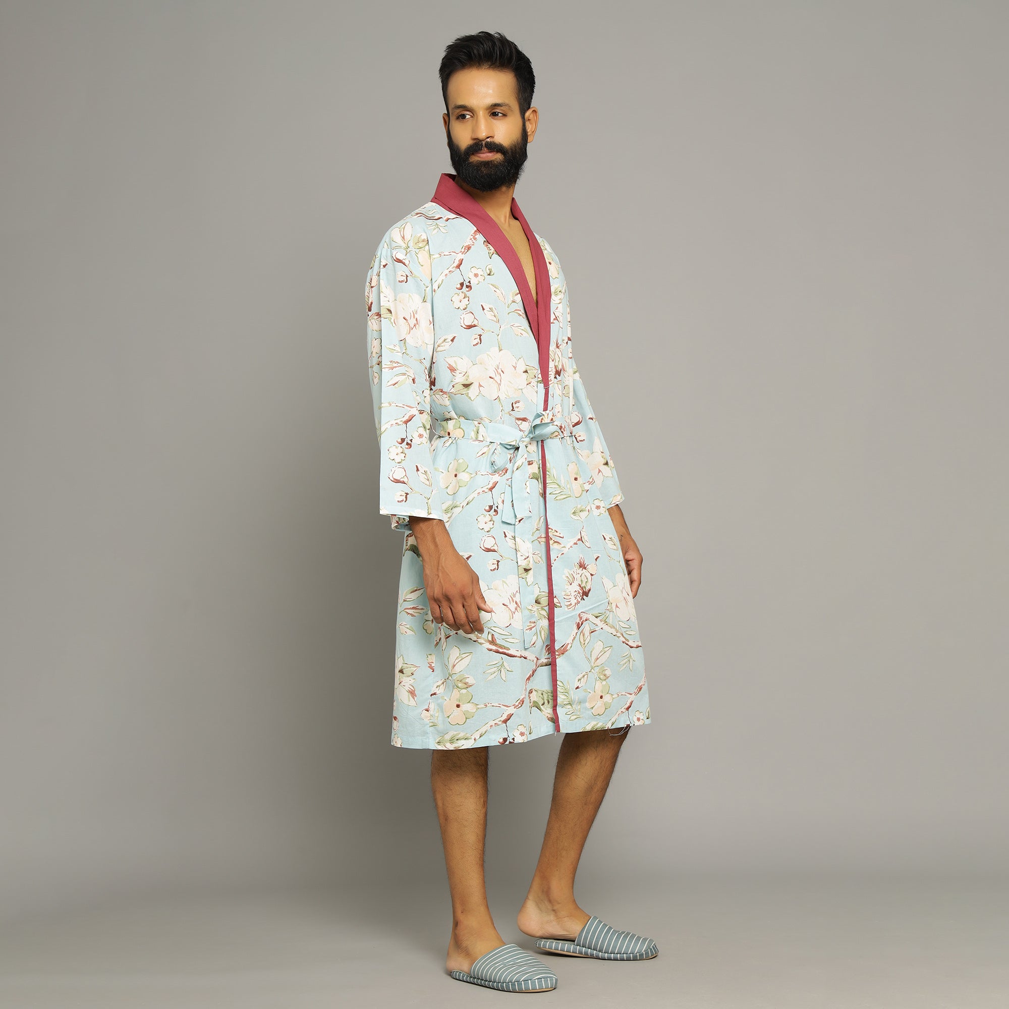 Sky blue Cotton Hand printed Couple kimono robe