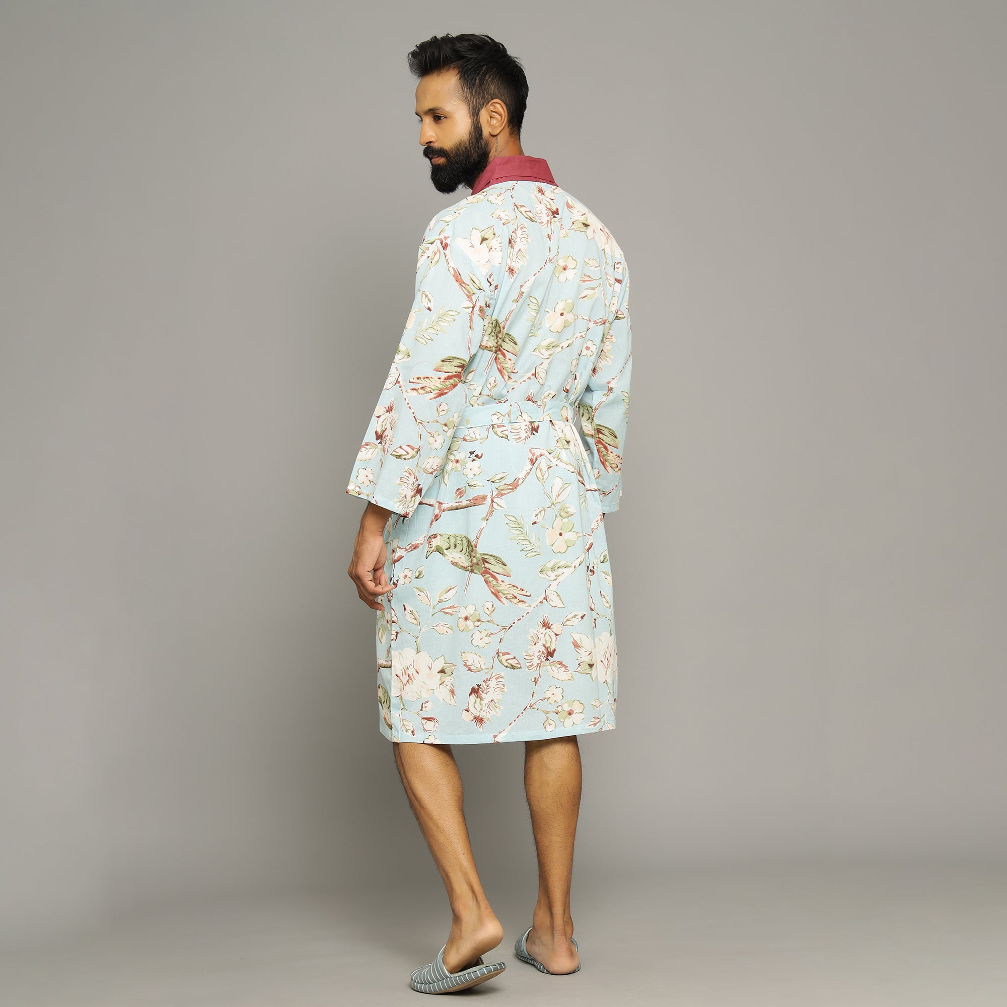 Sky blue Cotton Hand printed Couple kimono robe