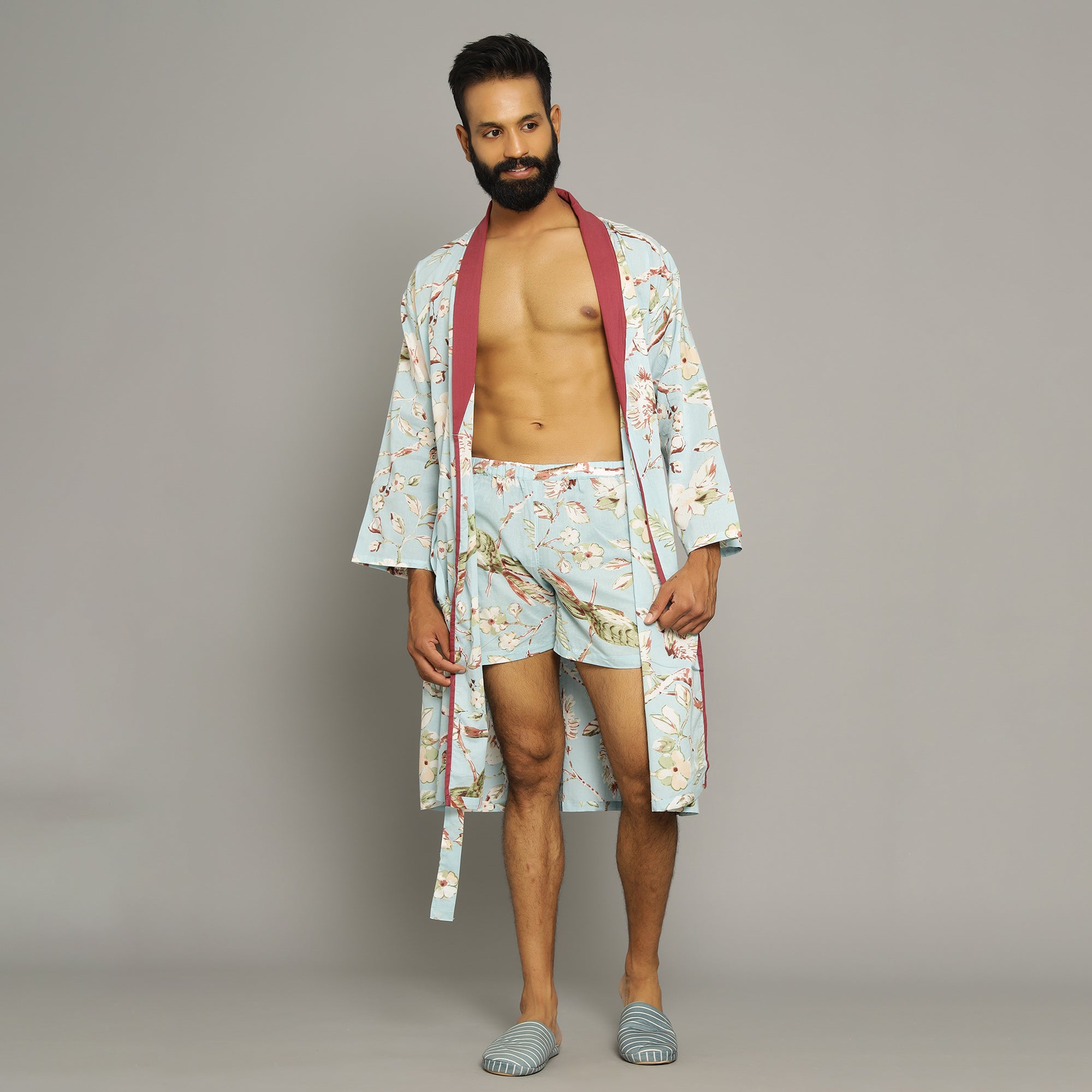 Men's Sky Blue Cotton Hand printed kimono robe