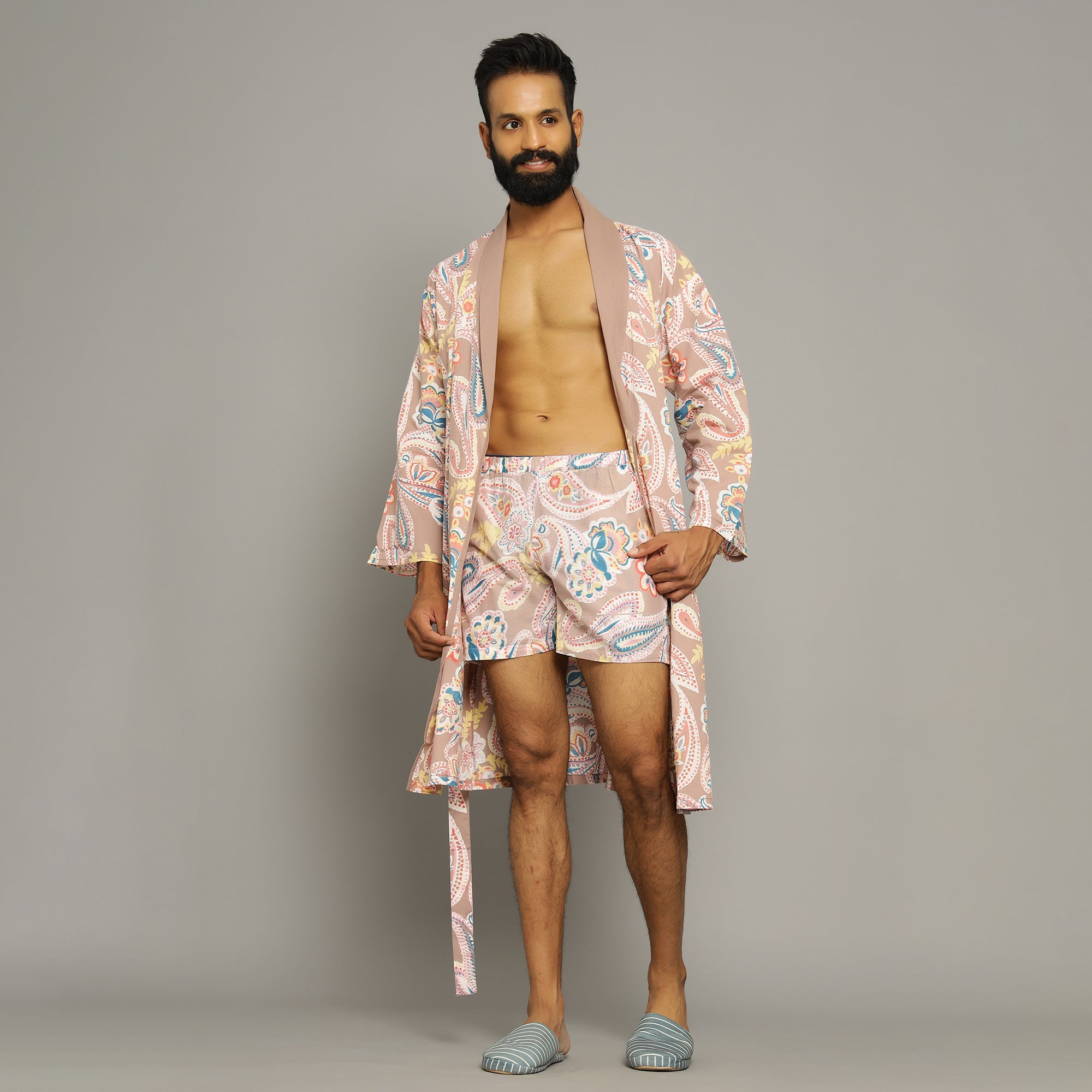 Men's Paisley Cotton Hand printed kimono robe