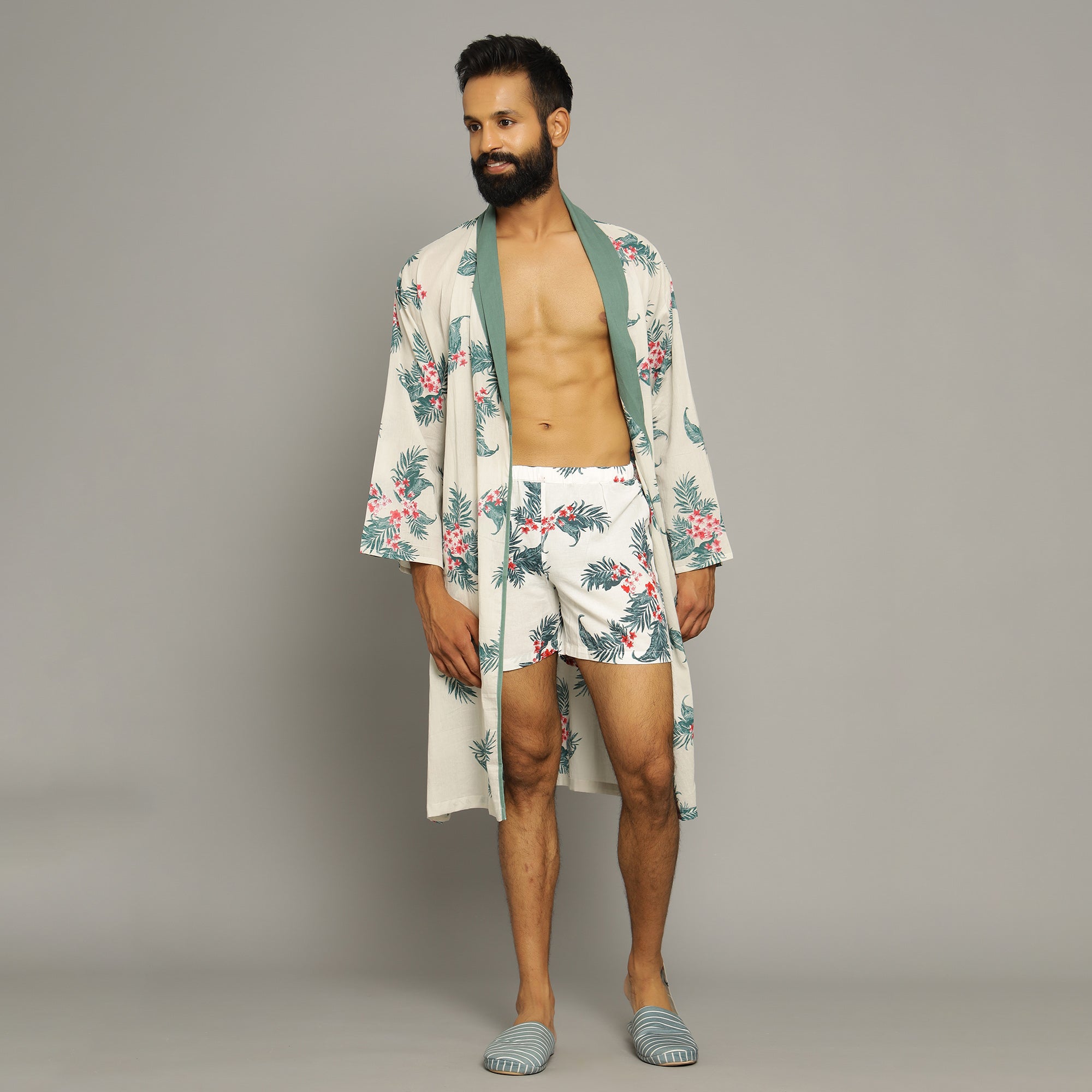 Men's Ivory Cotton Hand printed kimono robe