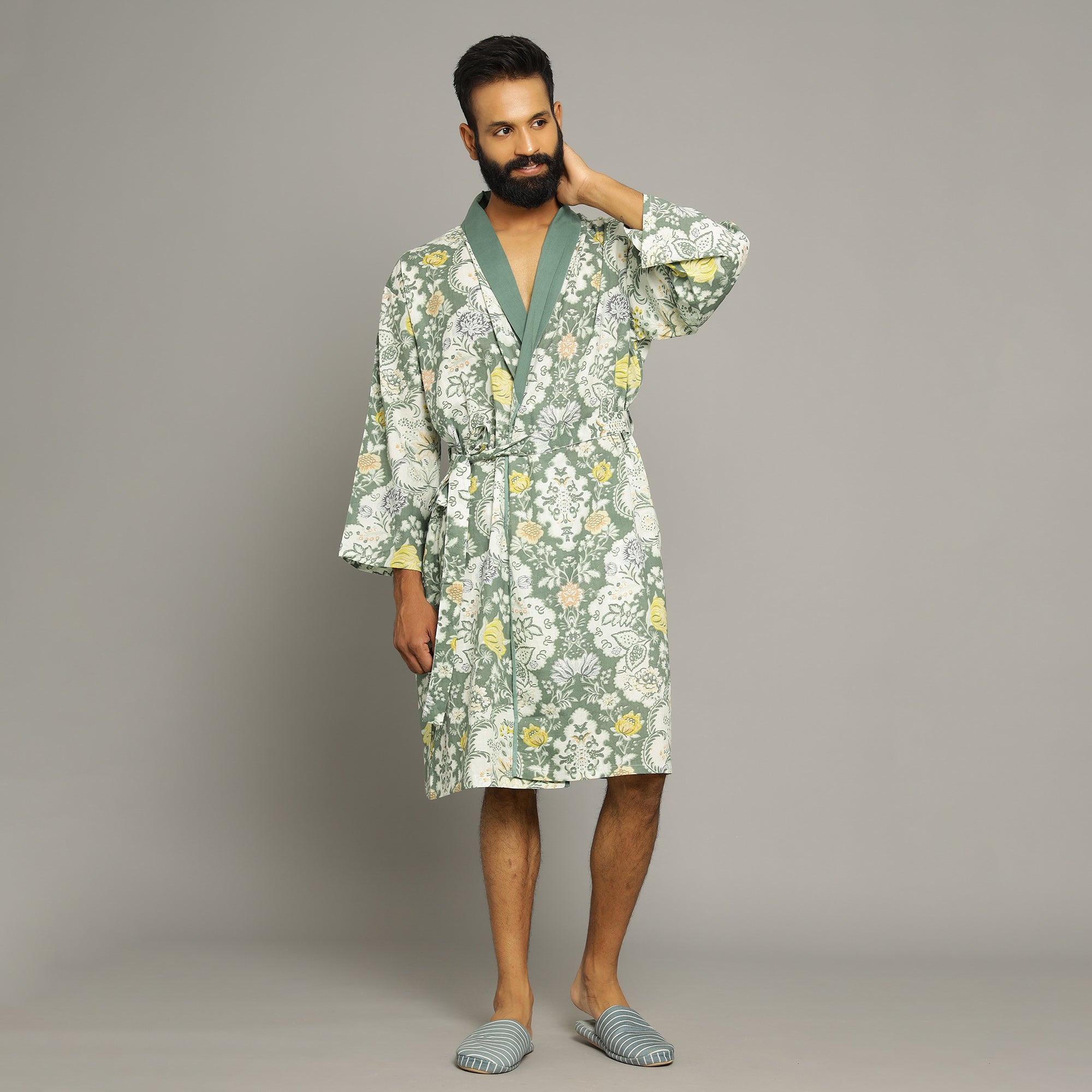 Green Cotton Hand printed Couple kimono robe