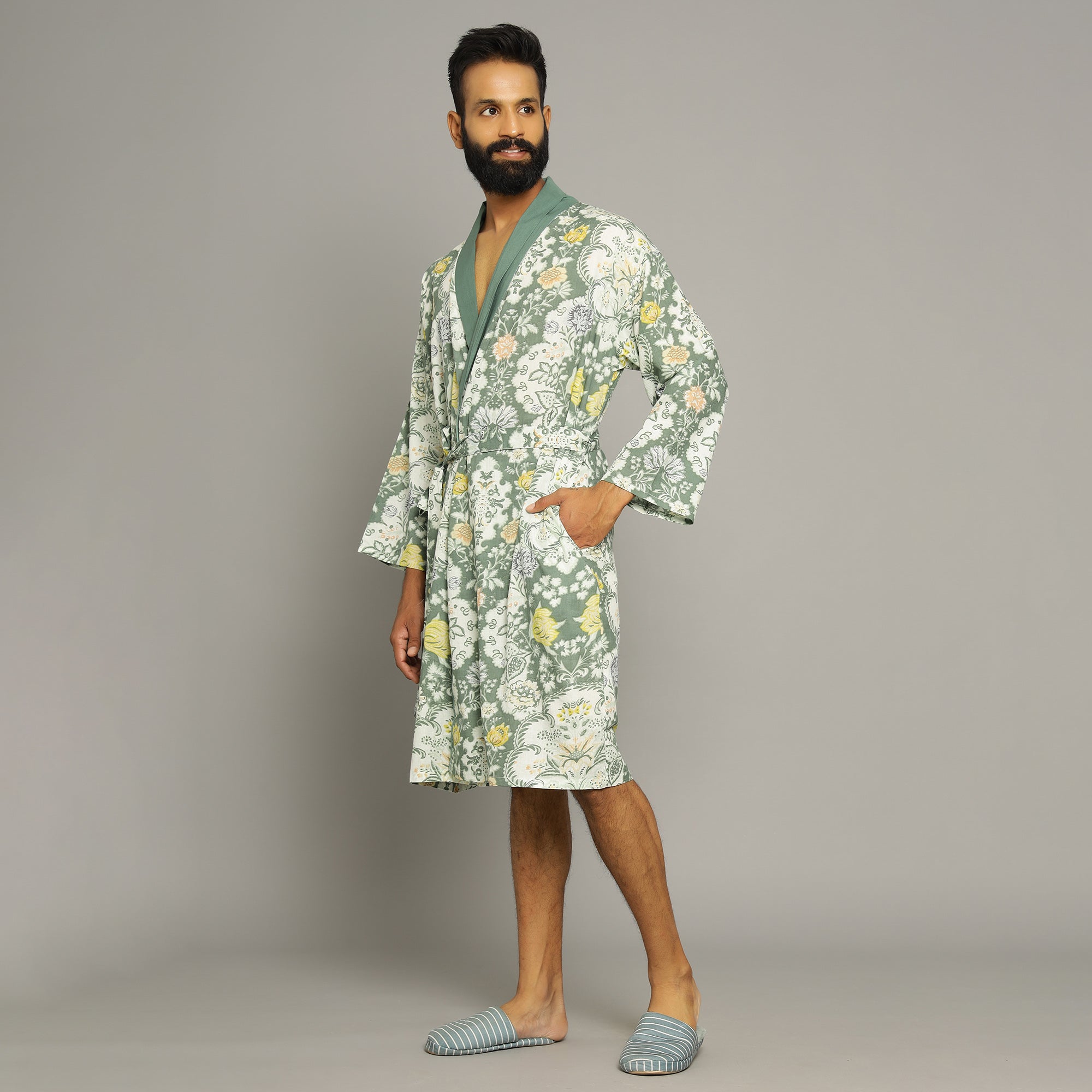 Men's Green Cotton Hand printed kimono robe