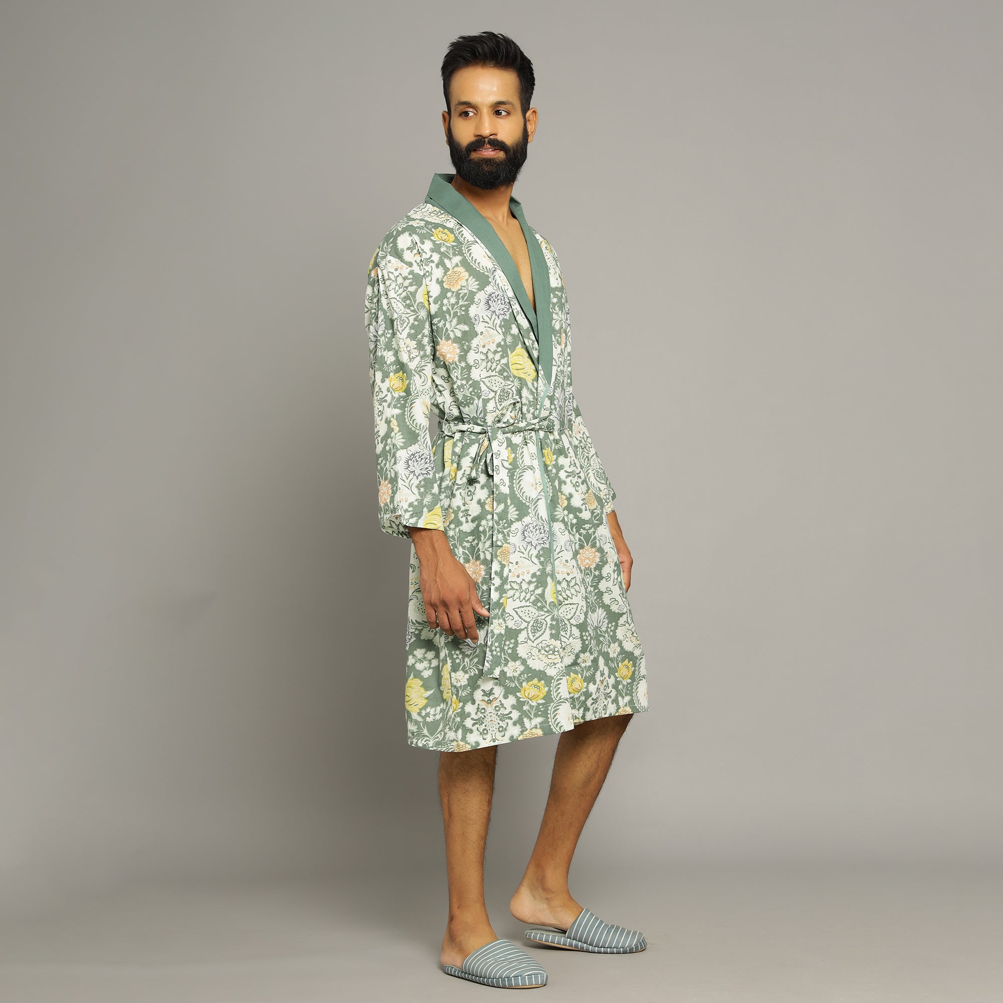 Men's Green Cotton Hand printed kimono robe