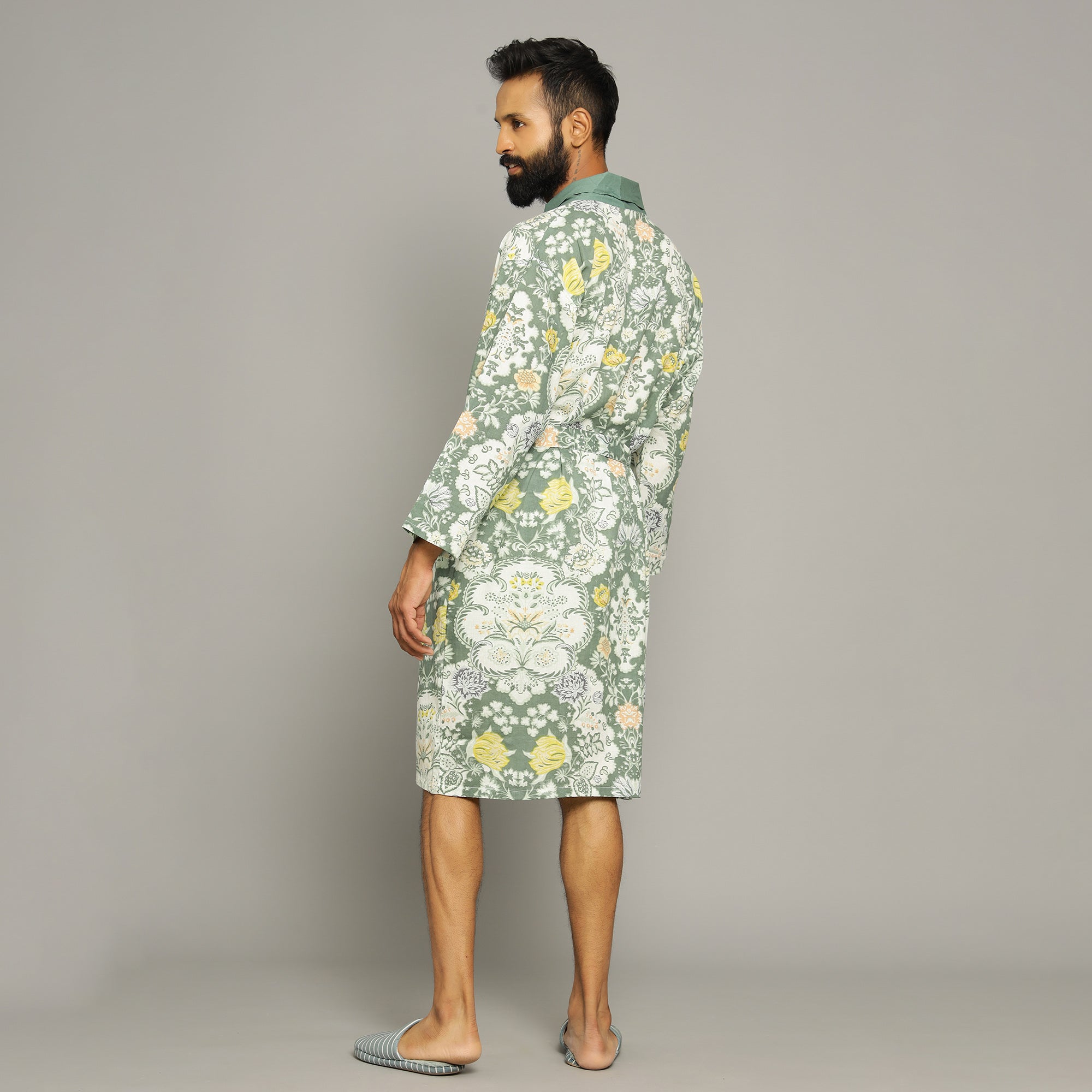 Men's Green Cotton Hand printed kimono robe