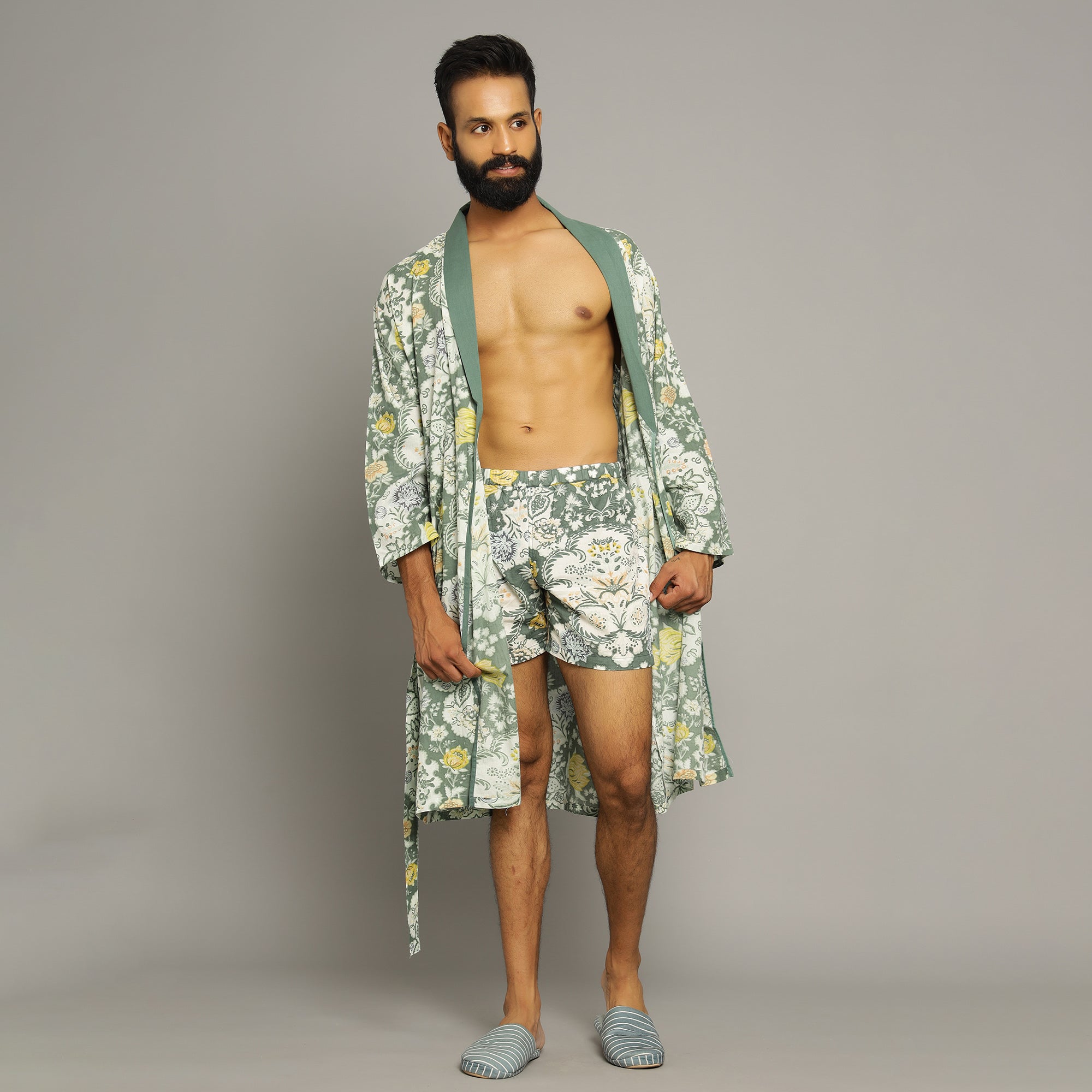 Men's Green Cotton Hand printed kimono robe