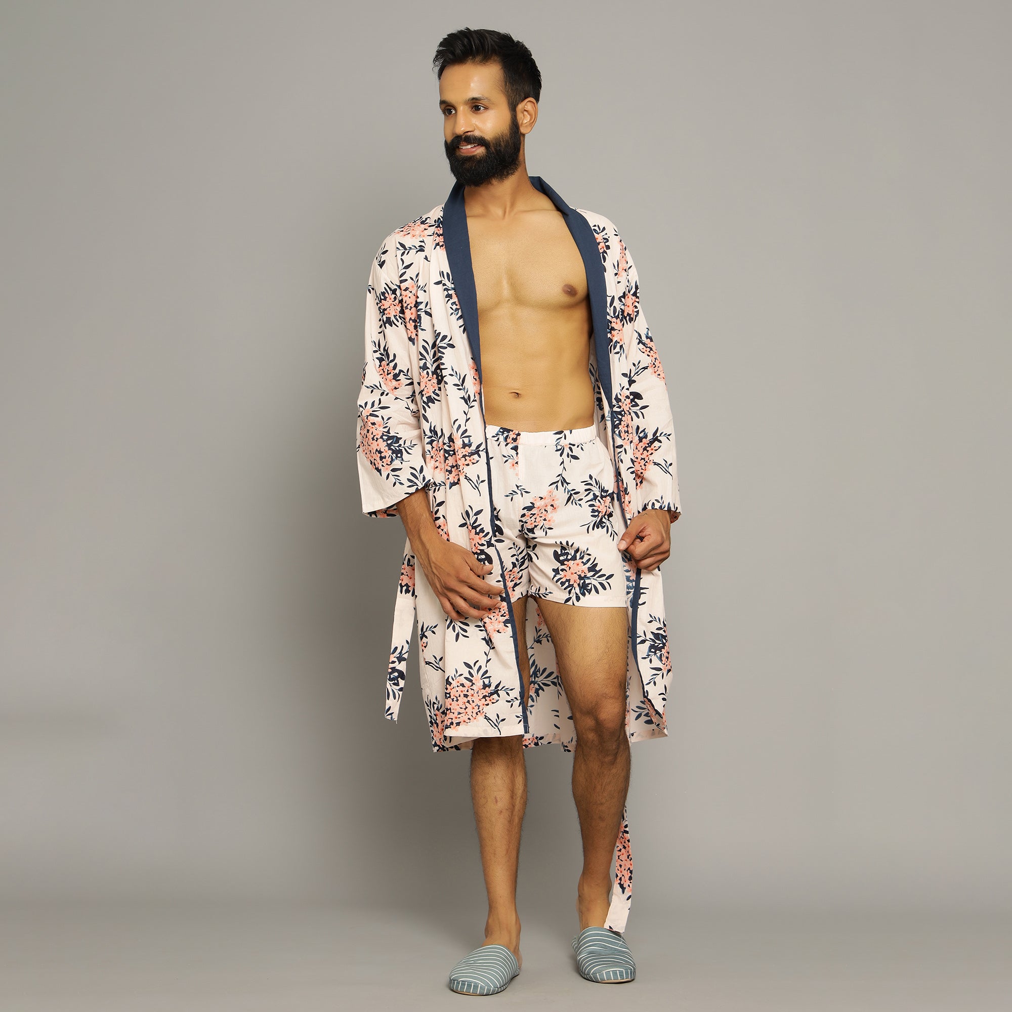 Men's Baby Pink Cotton Hand printed kimono robe