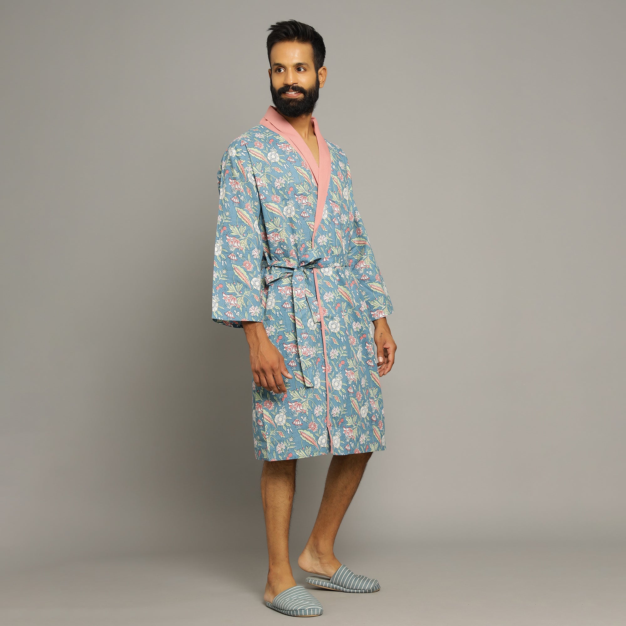 Men's Turquoise Cotton Hand printed kimono robe