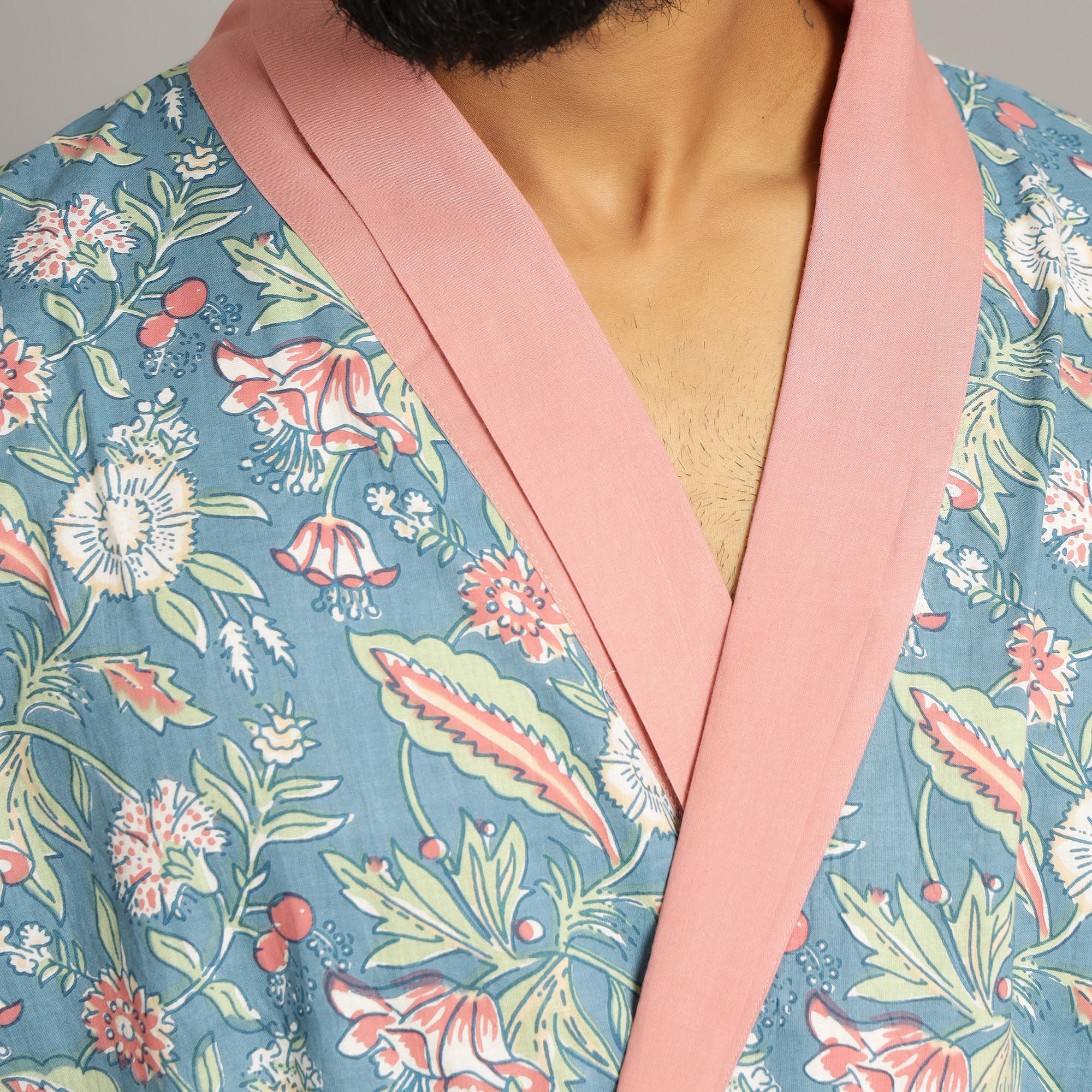 Men's Turquoise Cotton Hand printed kimono robe