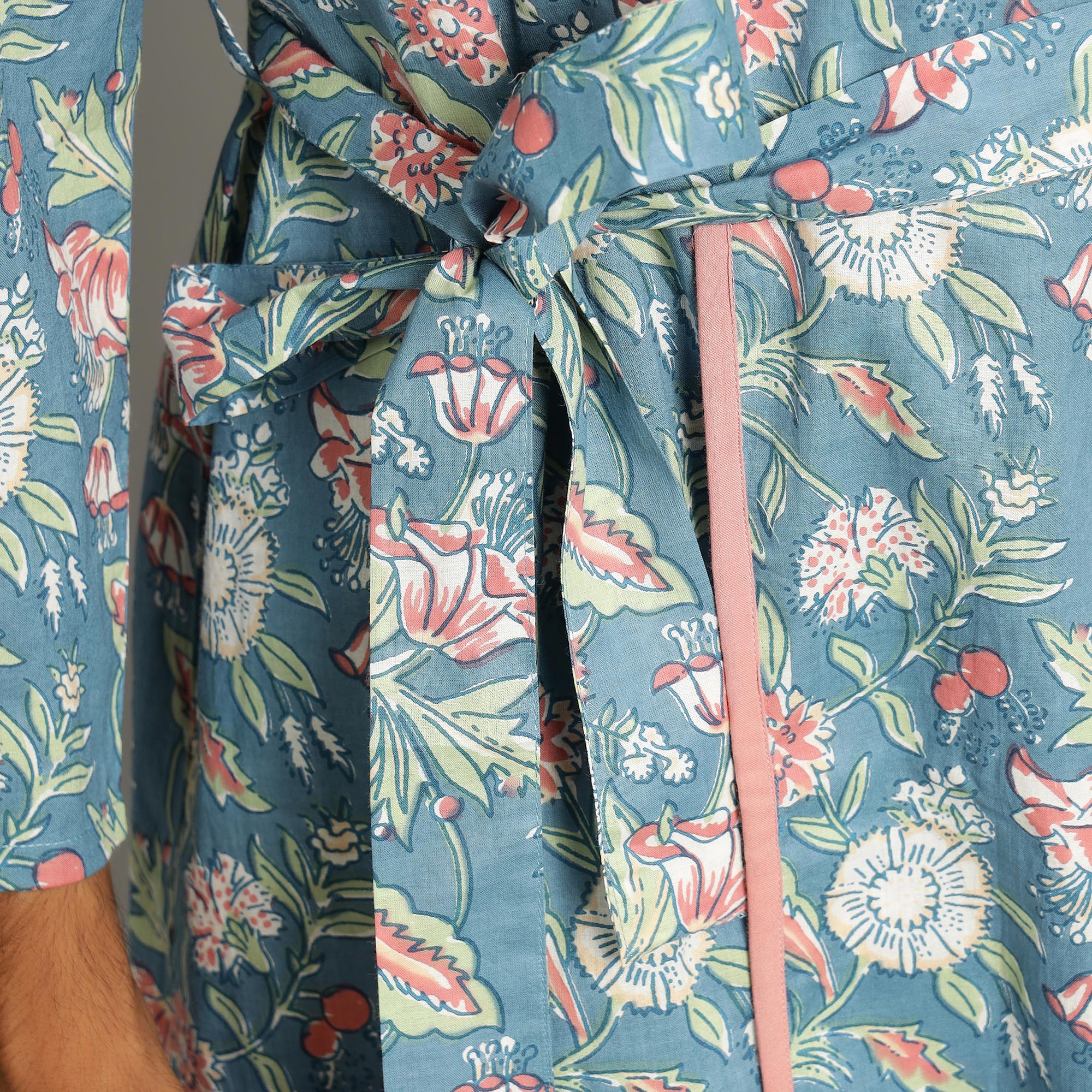 Men's Turquoise Cotton Hand printed kimono robe