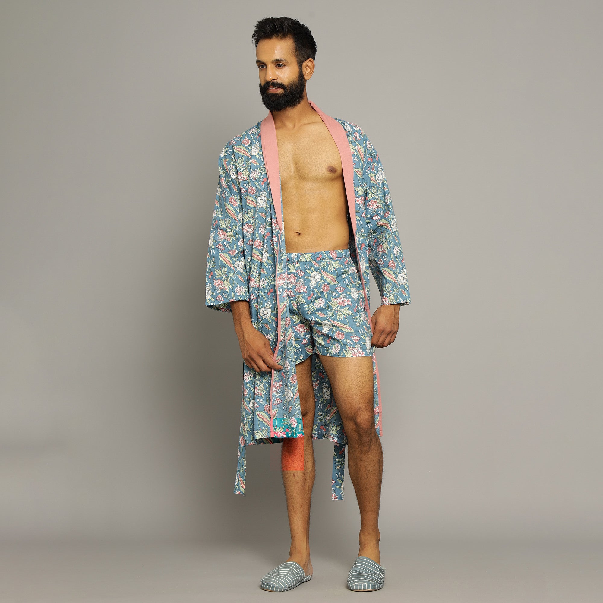 Men's Turquoise Cotton Hand printed kimono robe