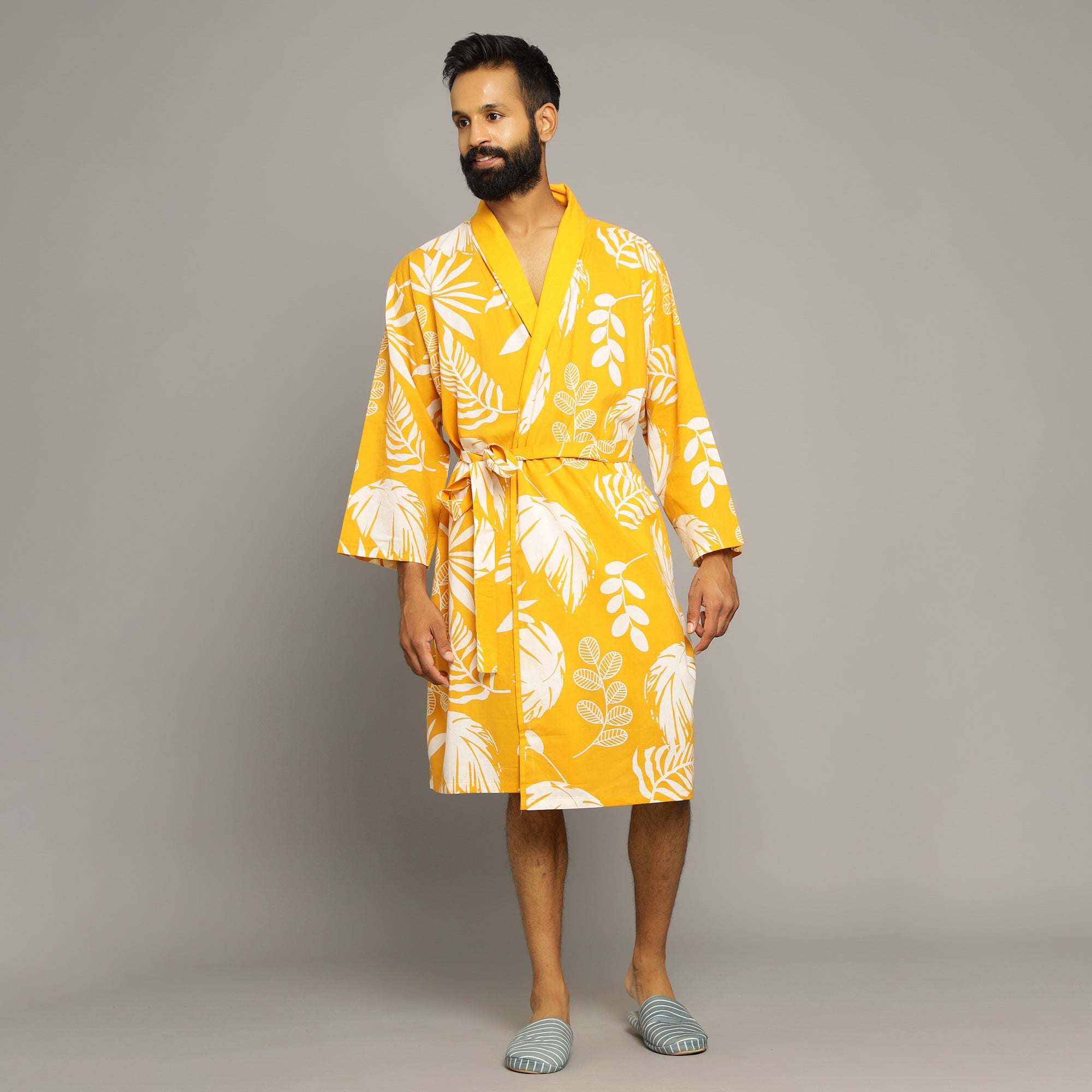 Men's Yellow Cotton Hand printed kimono robe