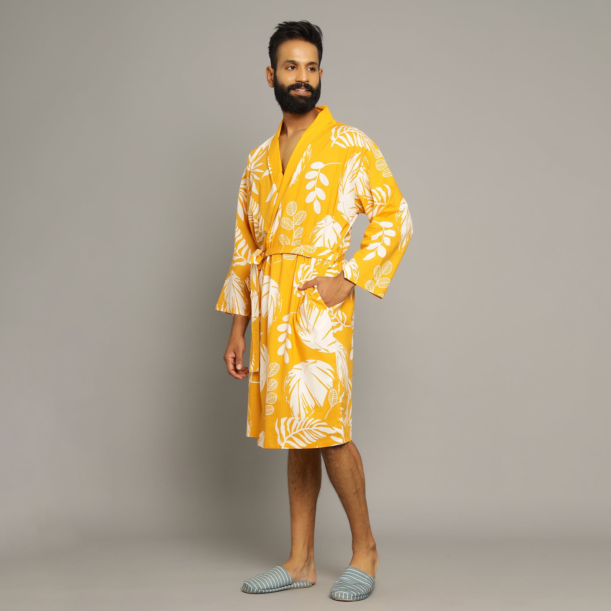 Men's Yellow Cotton Hand printed kimono robe