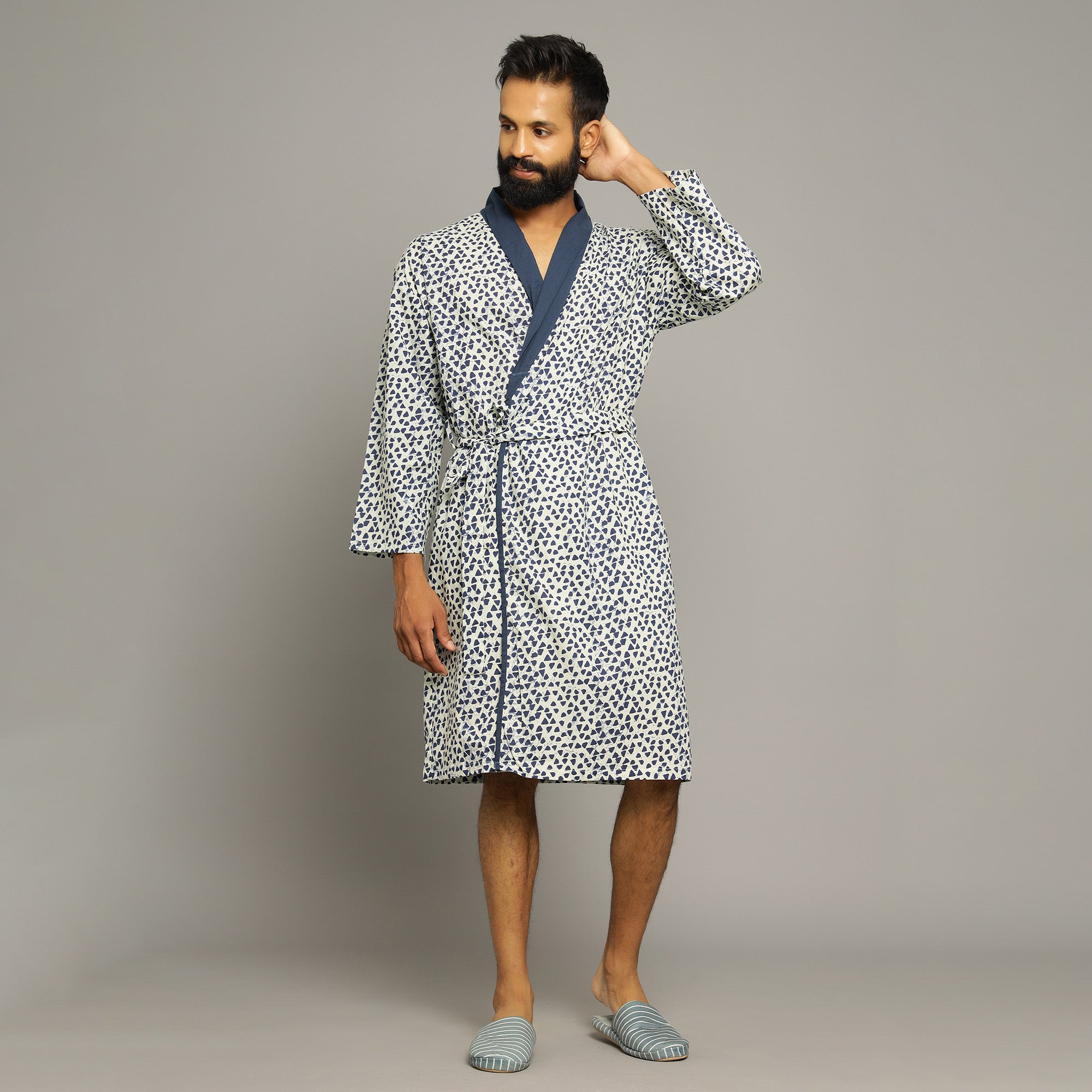 Men's Blue Triangles Cotton Hand printed kimono robe