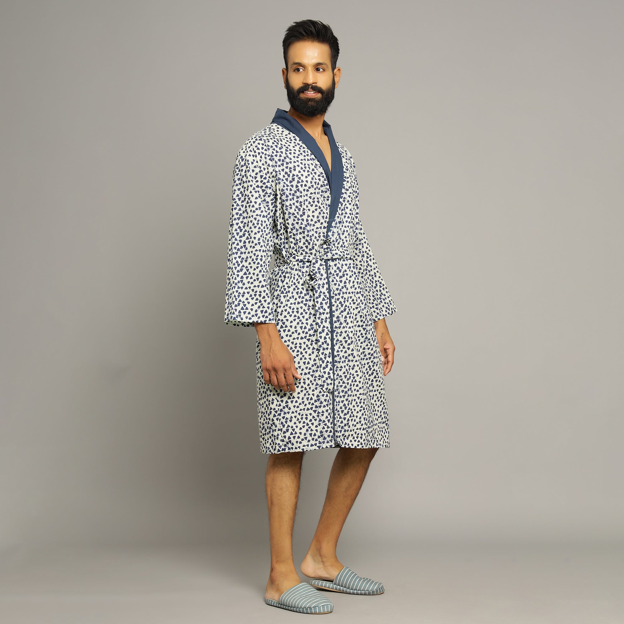 Men's Blue Triangles Cotton Hand printed kimono robe