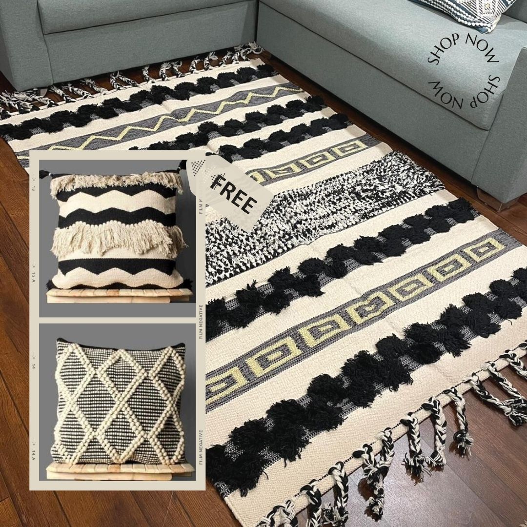 Hand-weaved Black Ruffle Cotton Rug with zari work