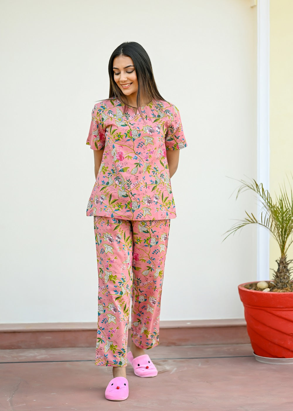 Pink Cotton Printed Night Suit Set with Payjama