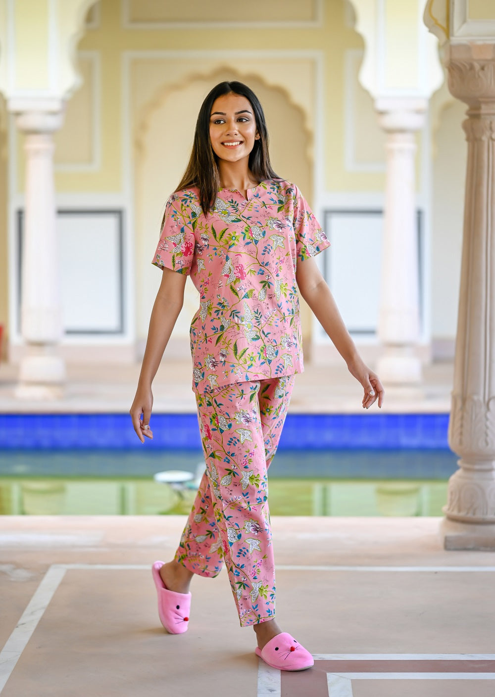 Pink Cotton Printed Night Suit Set with Payjama