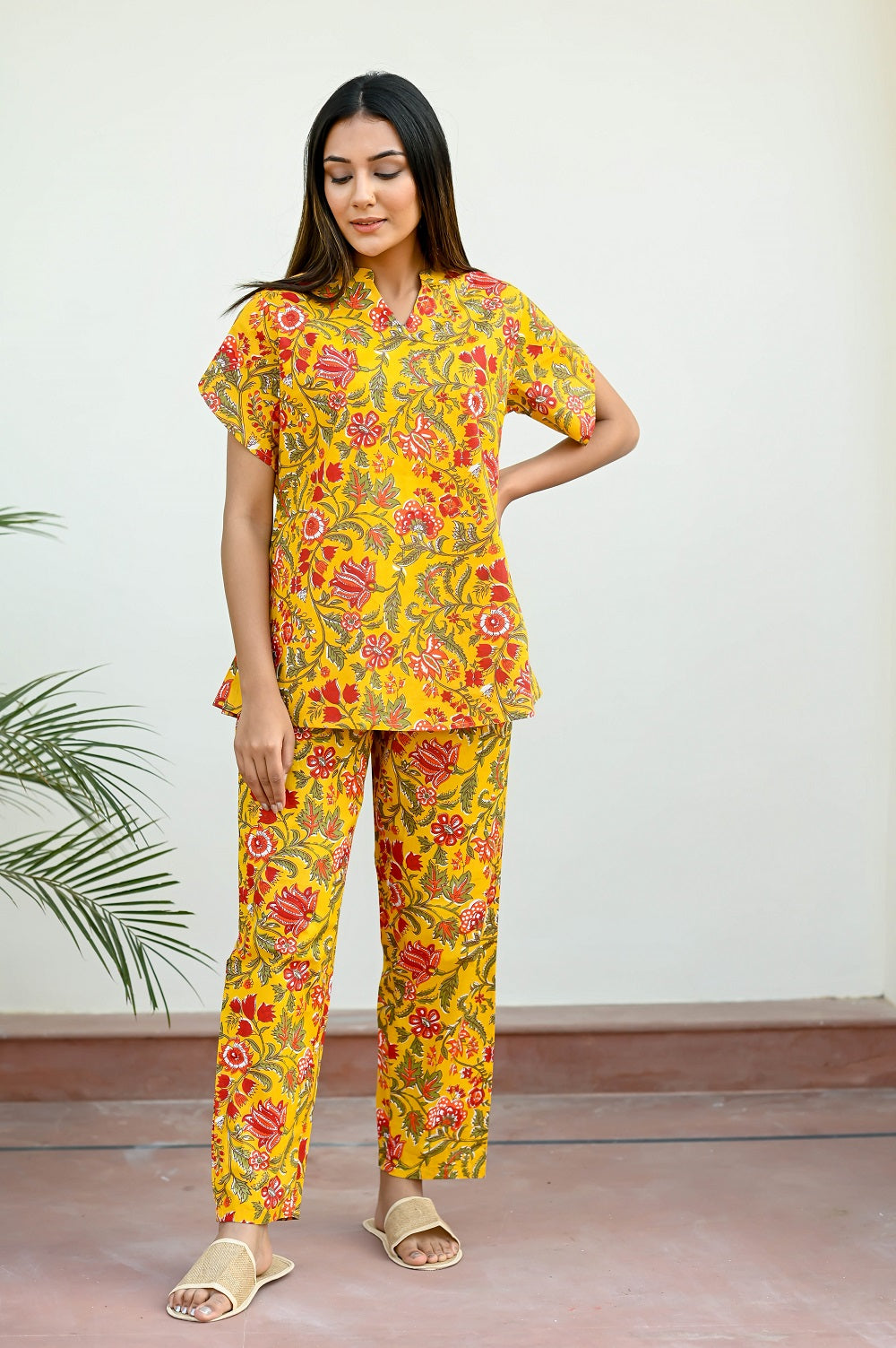 Yellow Cotton Printed Night Suit Set with Payjama