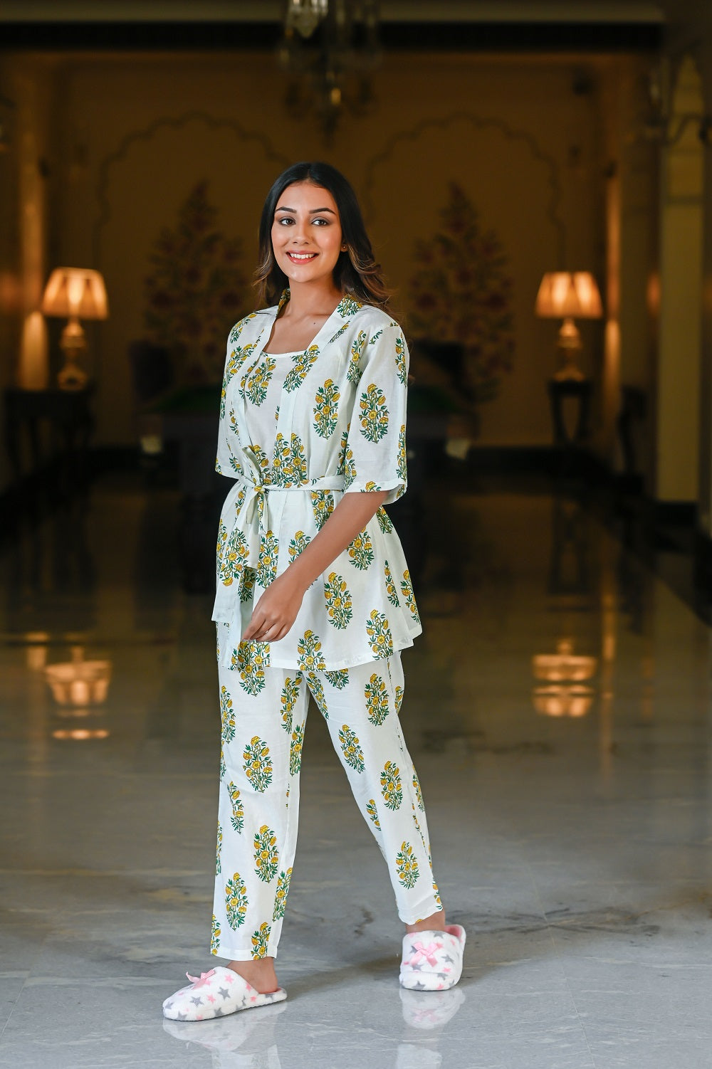 White/green Cotton Printed Night Suit Shrug Set