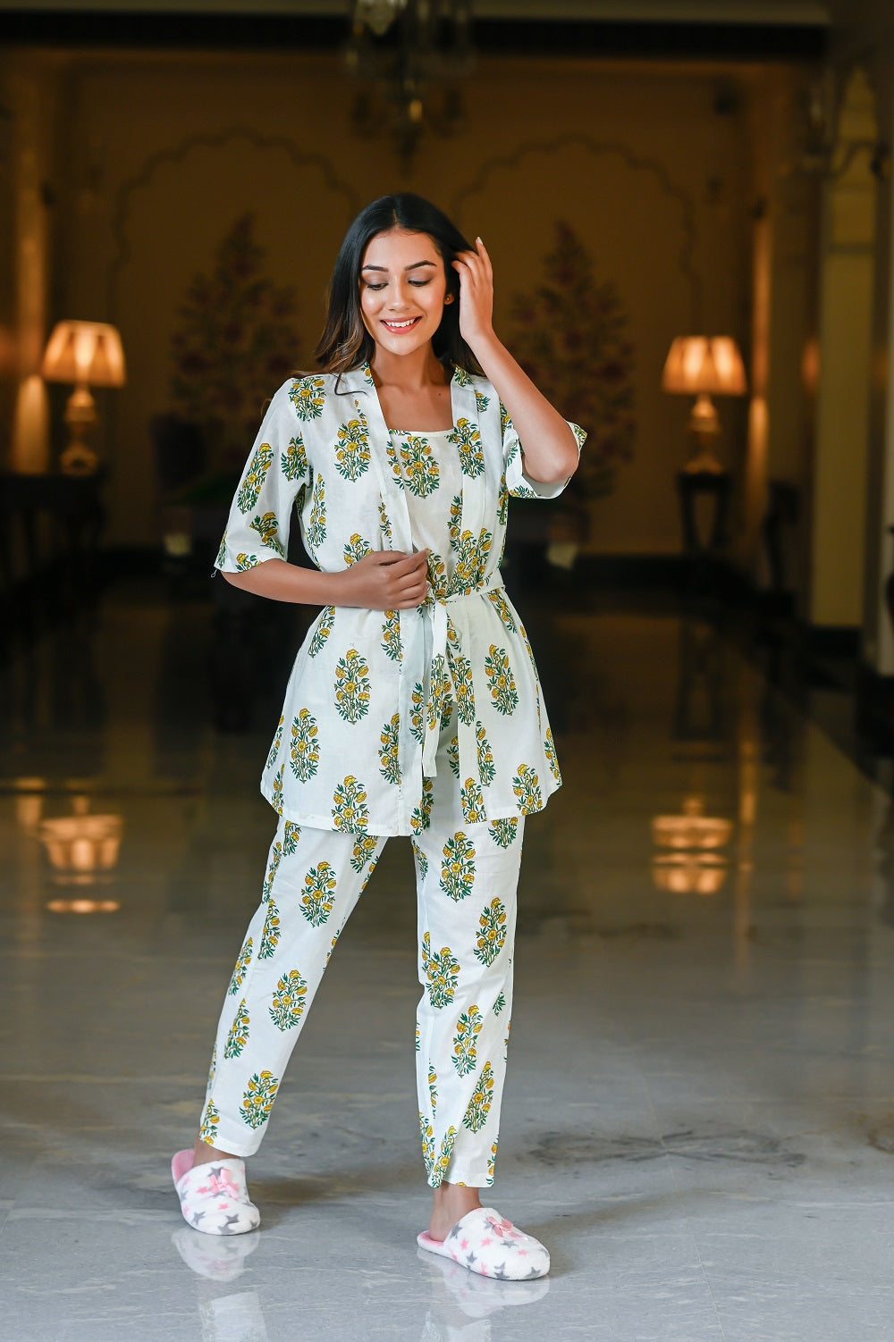 White/green Cotton Printed Night Suit Shrug Set