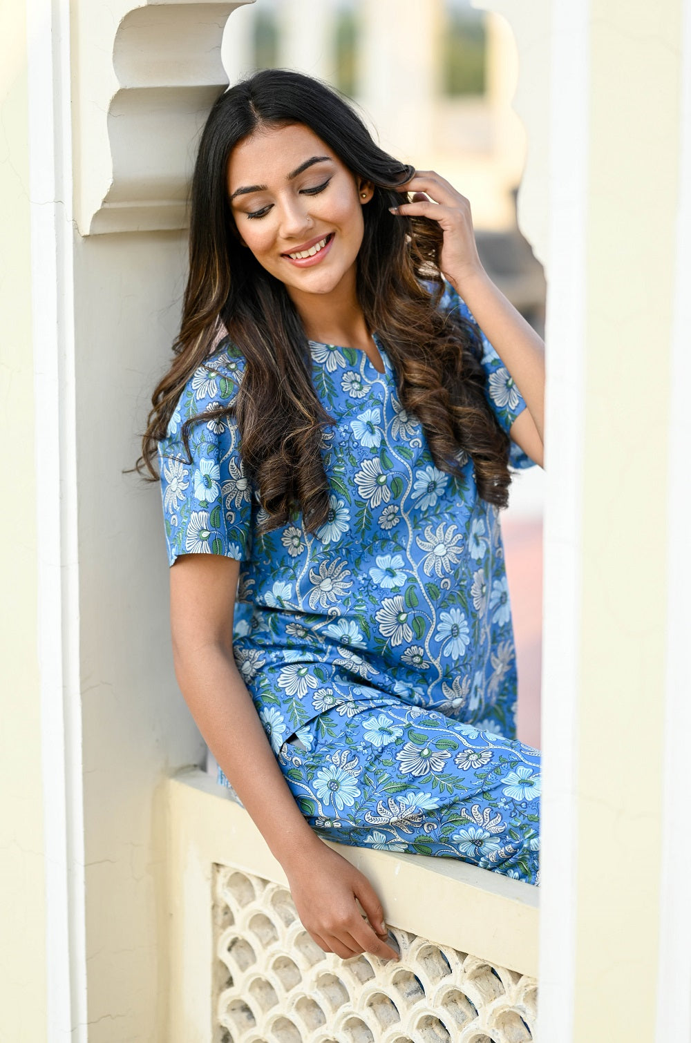 Indigo Cotton Printed Night Suit Set with Payjama