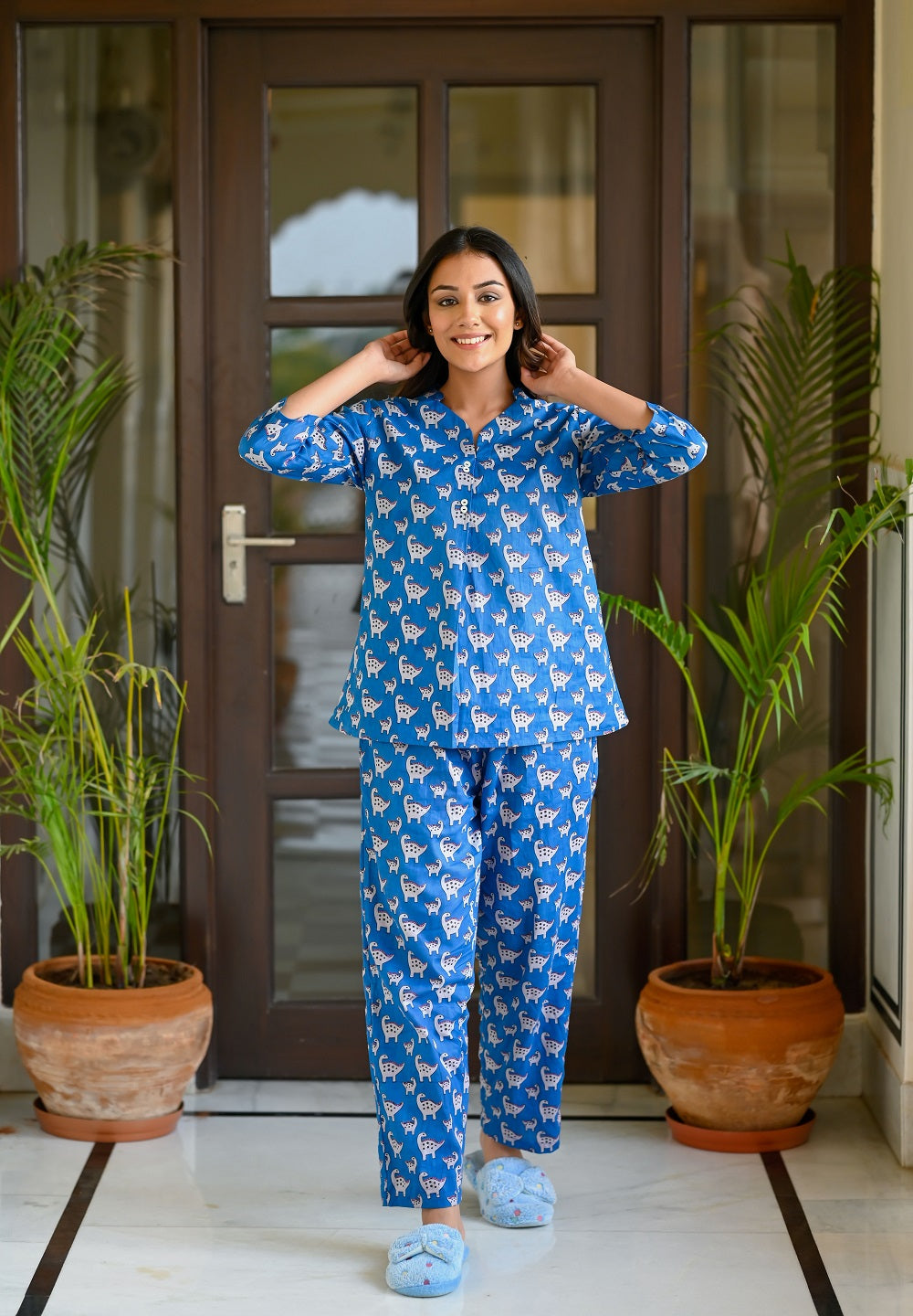 Blue Cotton Printed Night Suit Set with Payjama