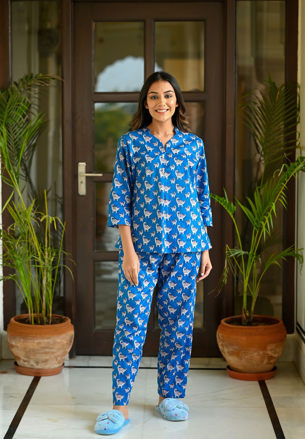 Blue Cotton Printed Night Suit Set with Payjama