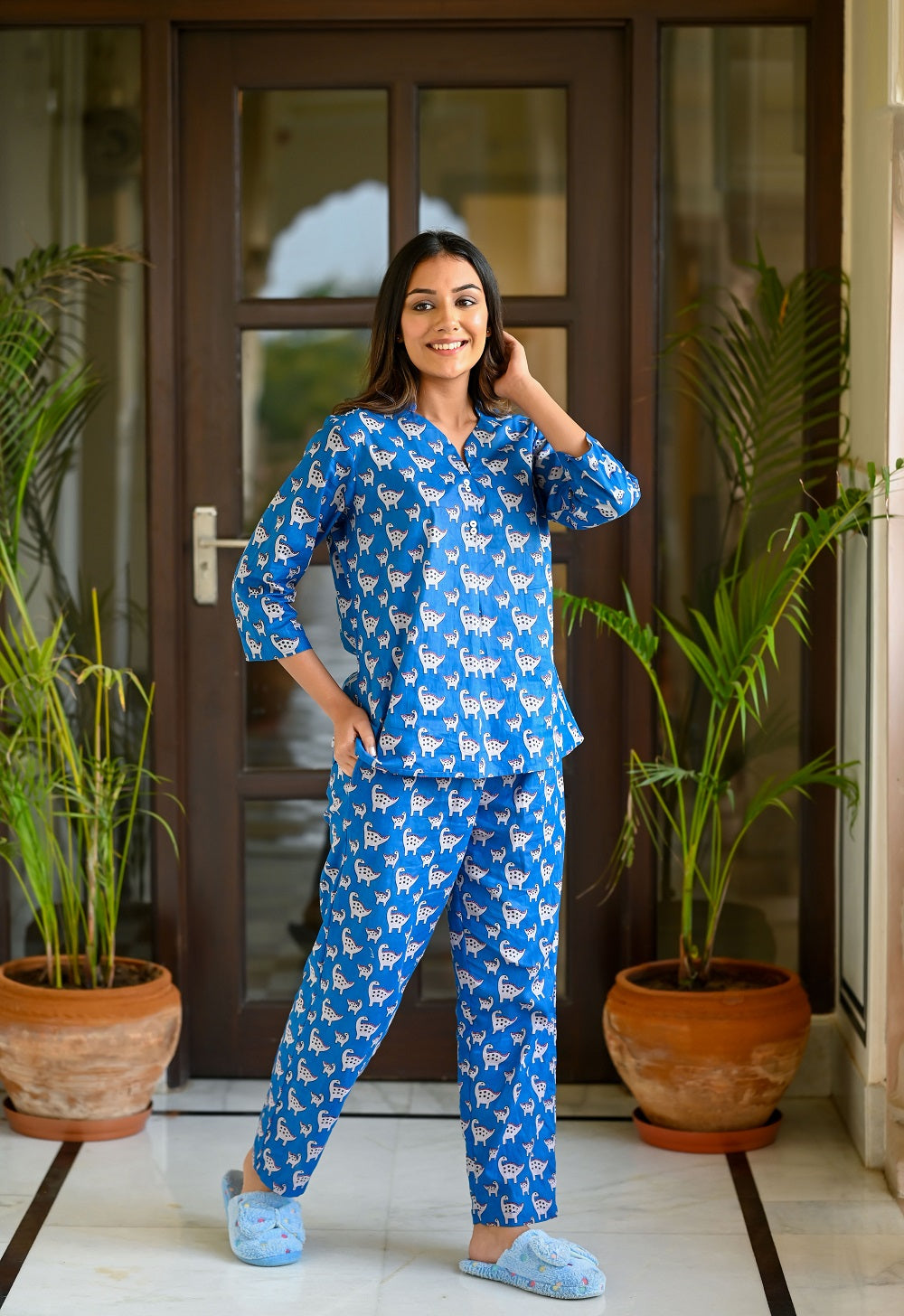 Blue Cotton Printed Night Suit Set with Payjama