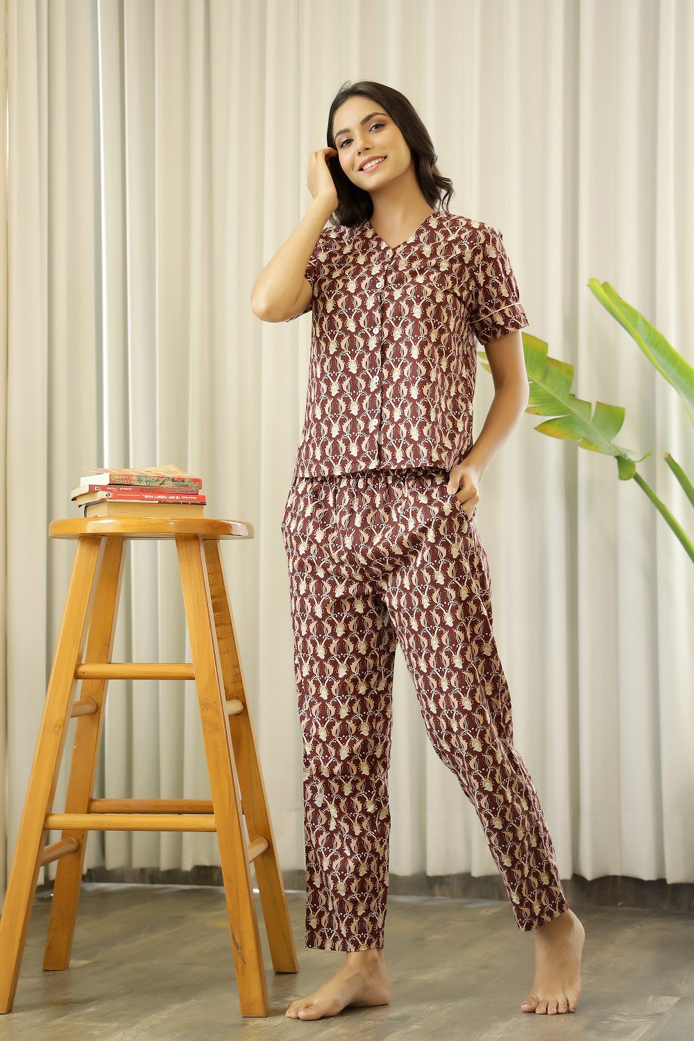 Women Maroon & Beige Printed Cotton Night Suit With Payjama Set