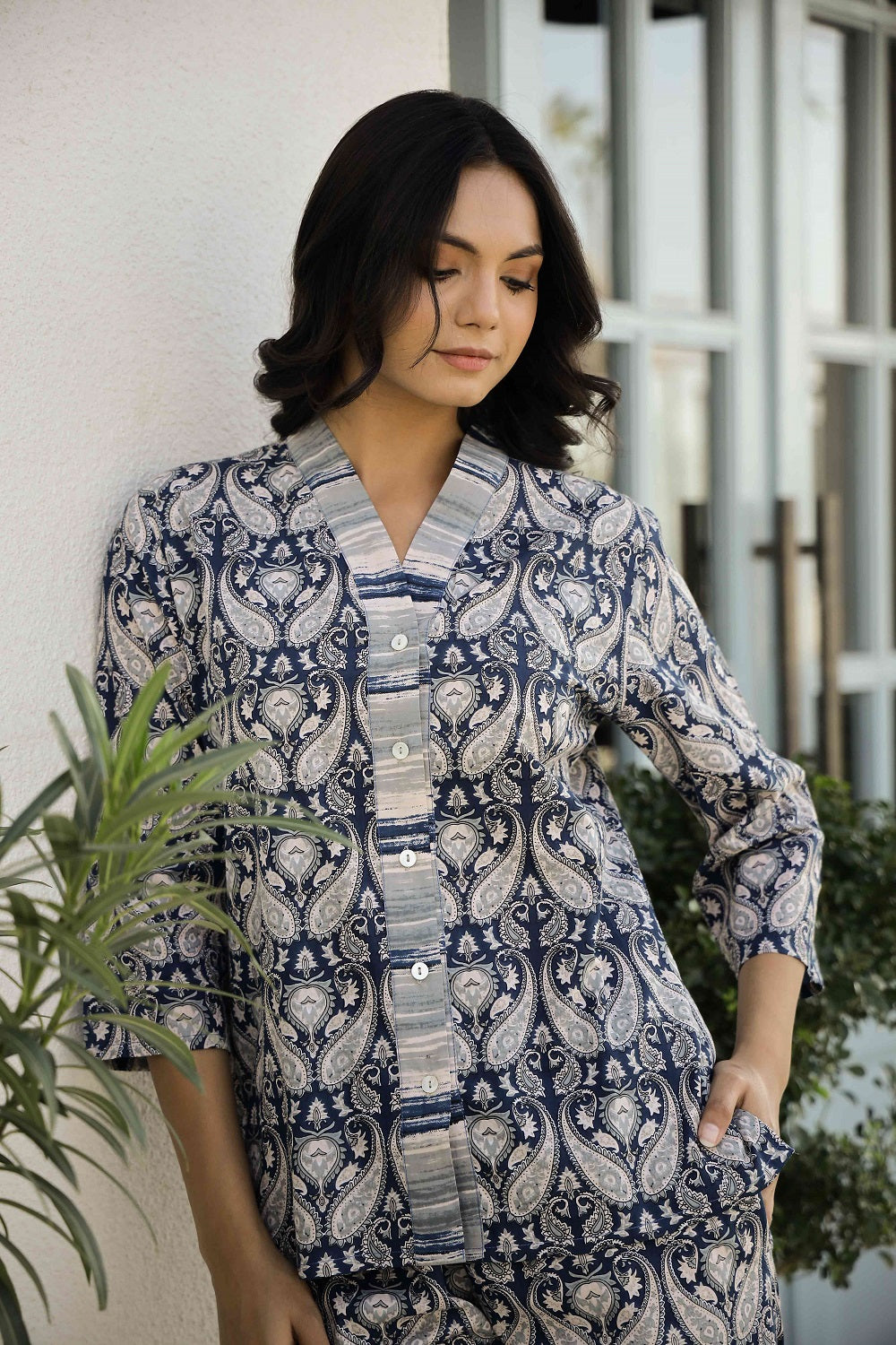 Navy Blue & Grey Printed Pure Cotton Night suit