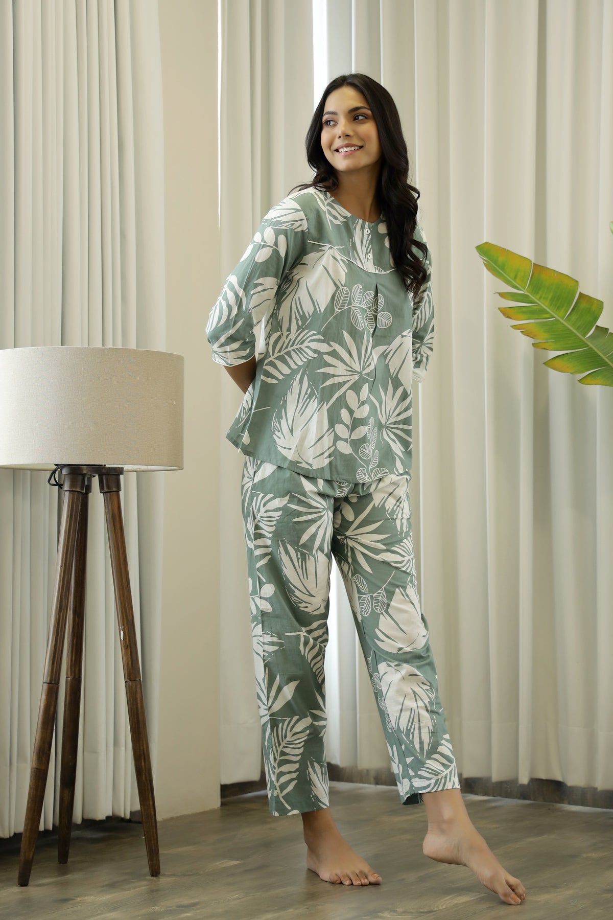 Green Cotton Printed Night Suit Set with Pajama