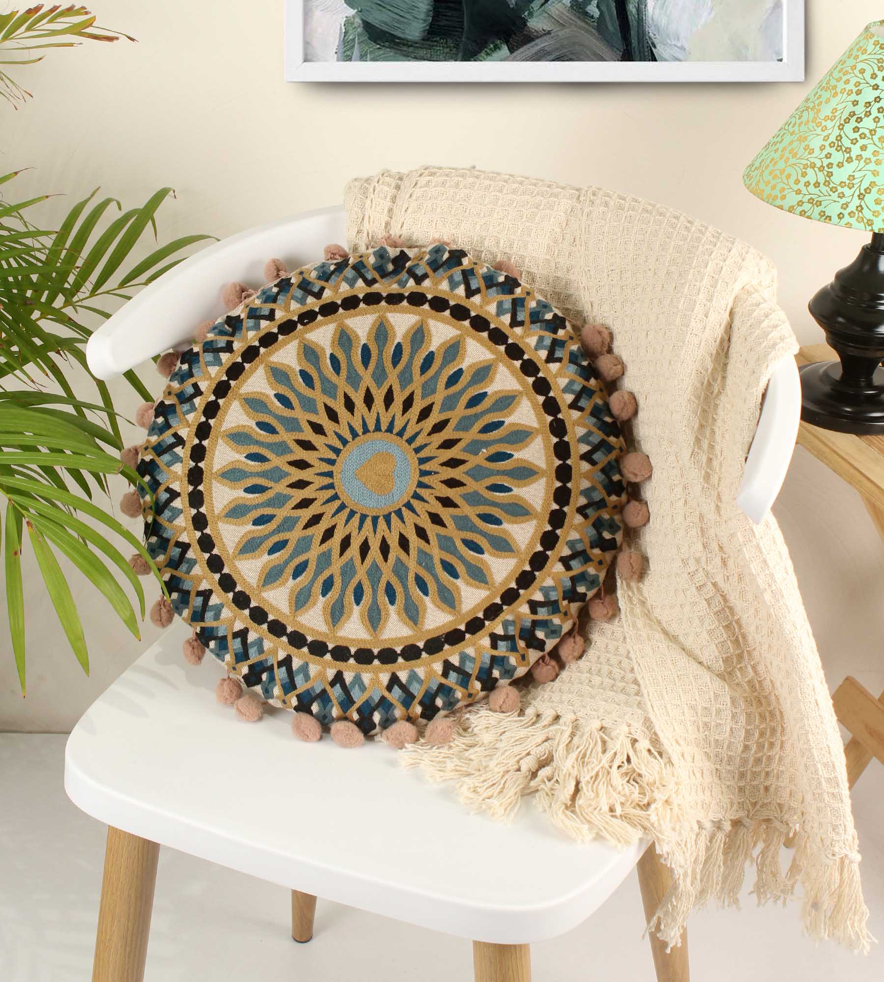 Burma Embroidery Round Cotton Cushion