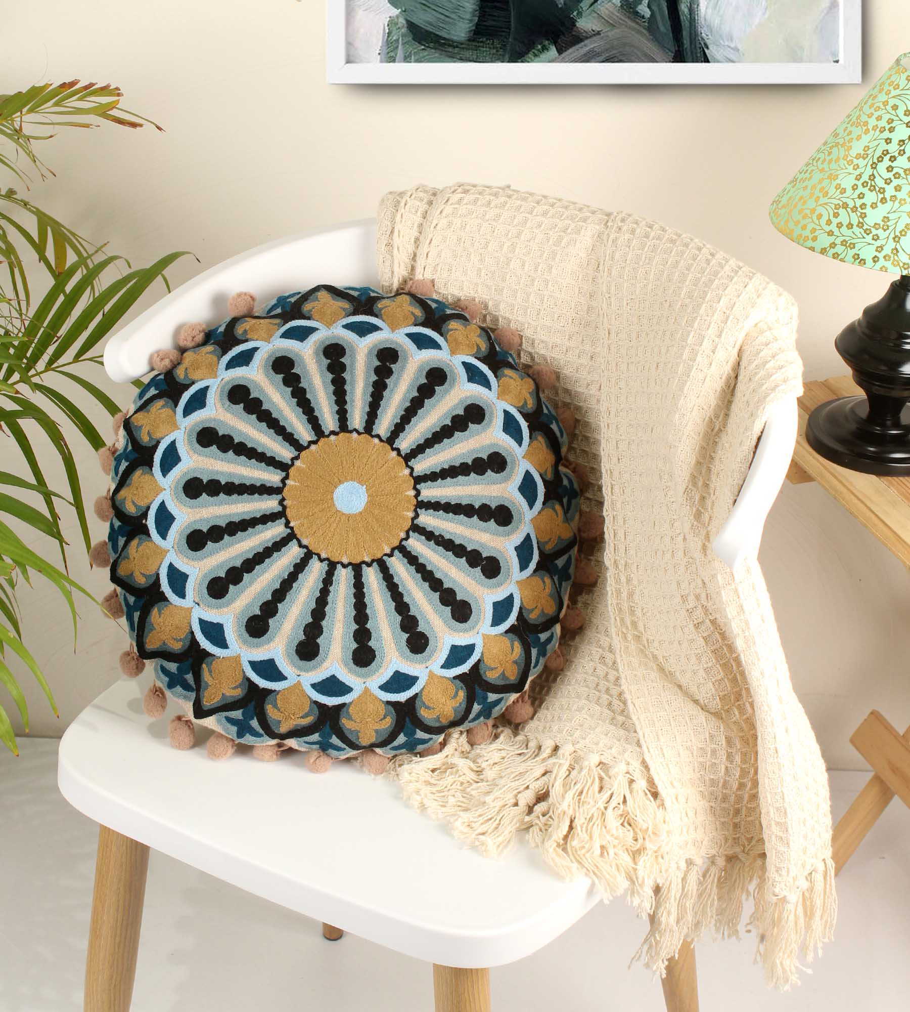 Curlicue Embroidery Round Cotton Cushion