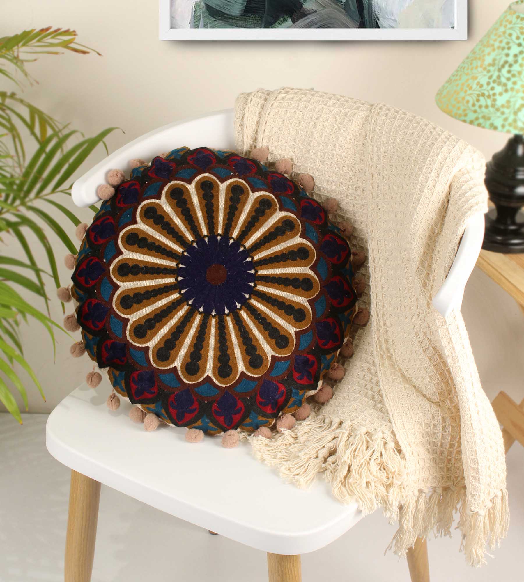 Majestic Embroidery Round Cotton Cushion