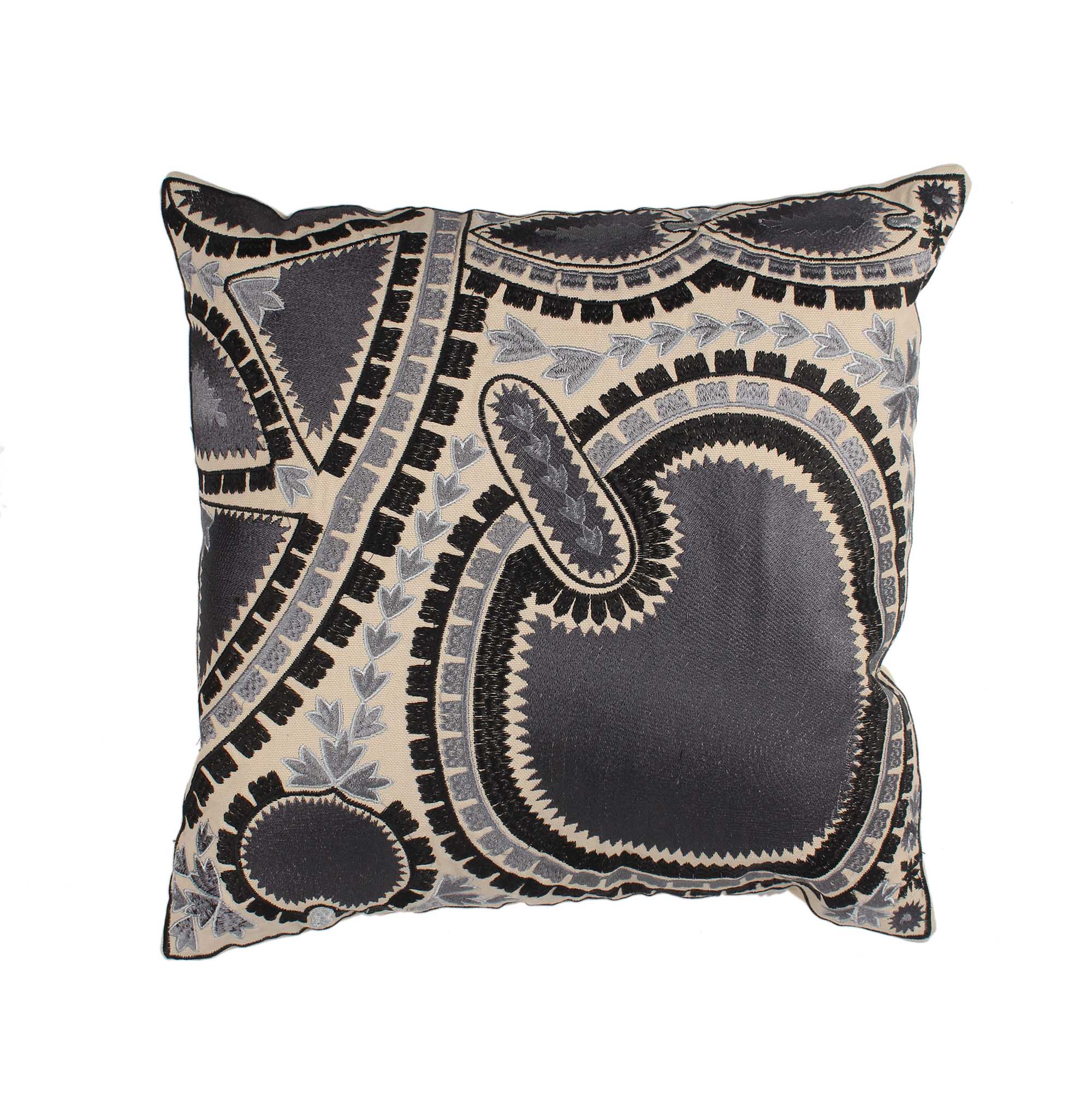 Grey Embroidered Cotton Multicolor Cushion Cover