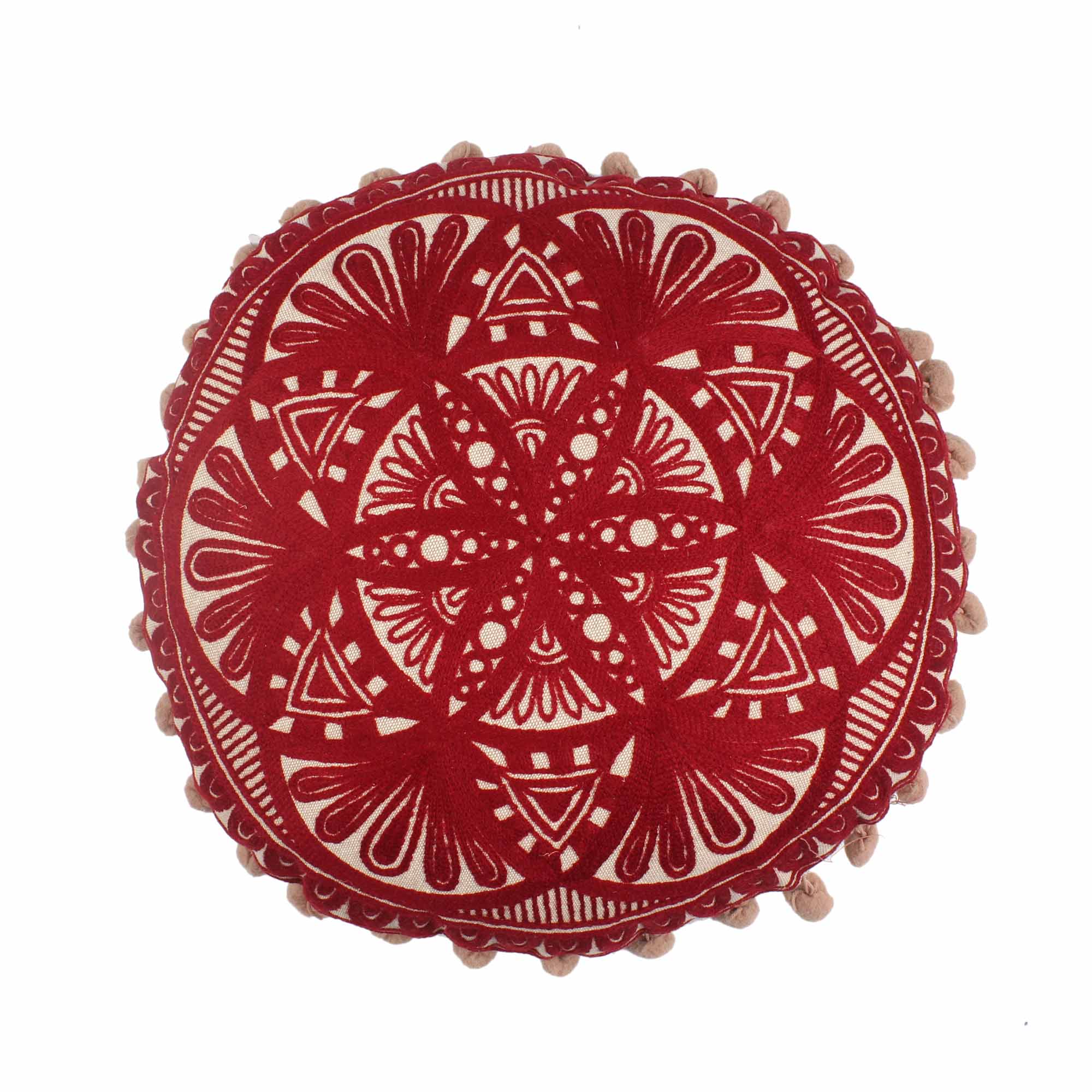 Crimson Embroidery Round Cotton Cushion