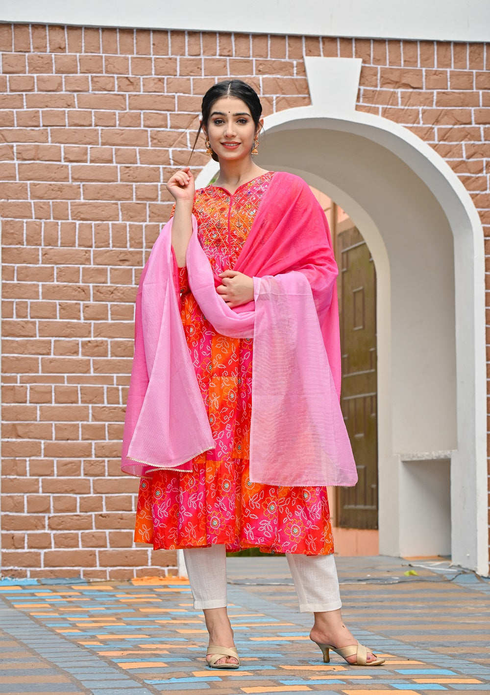 Rang Deep Pink Bhandej Print Cotton Set of Kurti With Pant & Dupatta