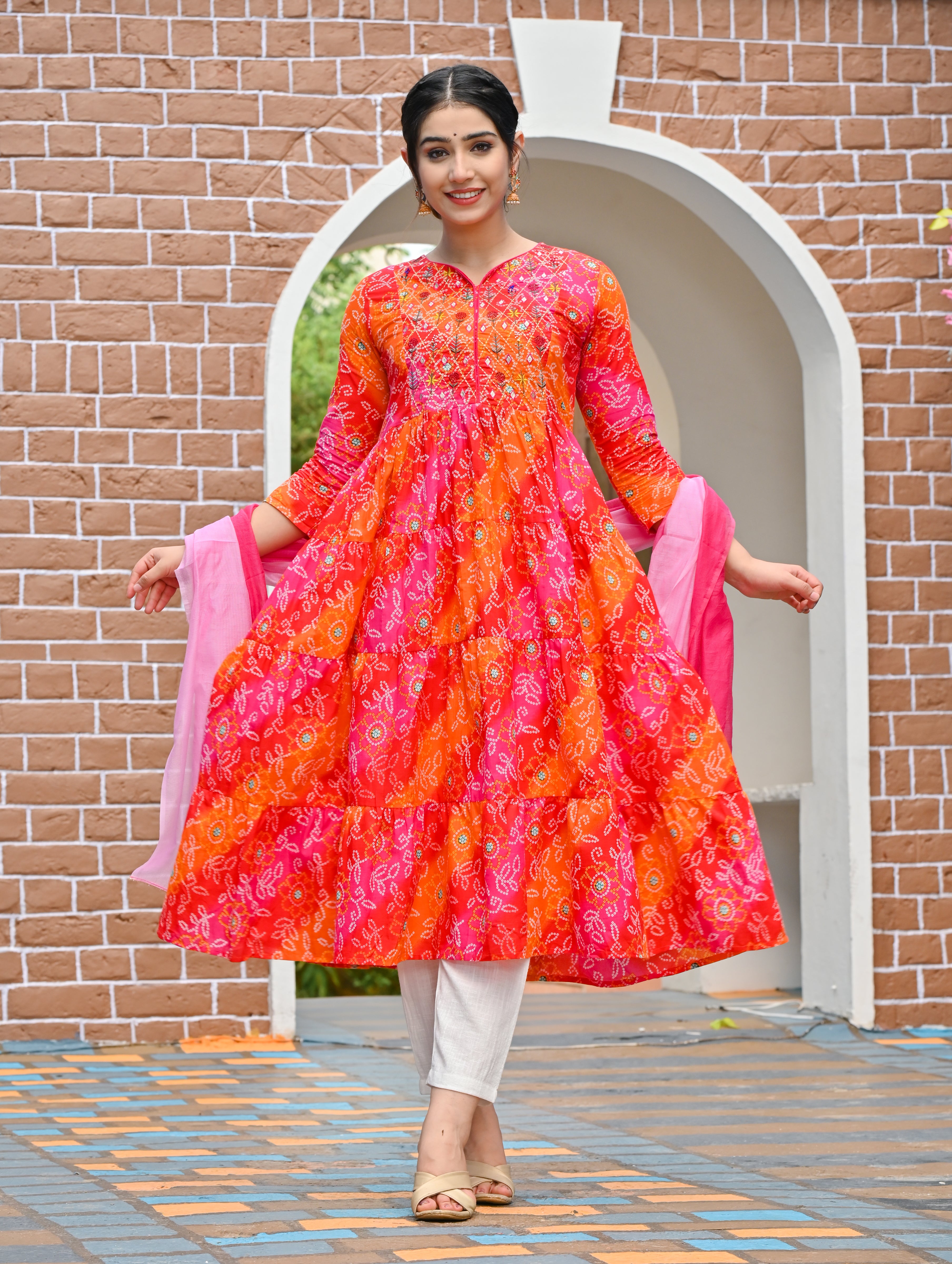 Rang Deep Pink Bhandej Print Cotton Set of Kurti With Pant & Dupatta